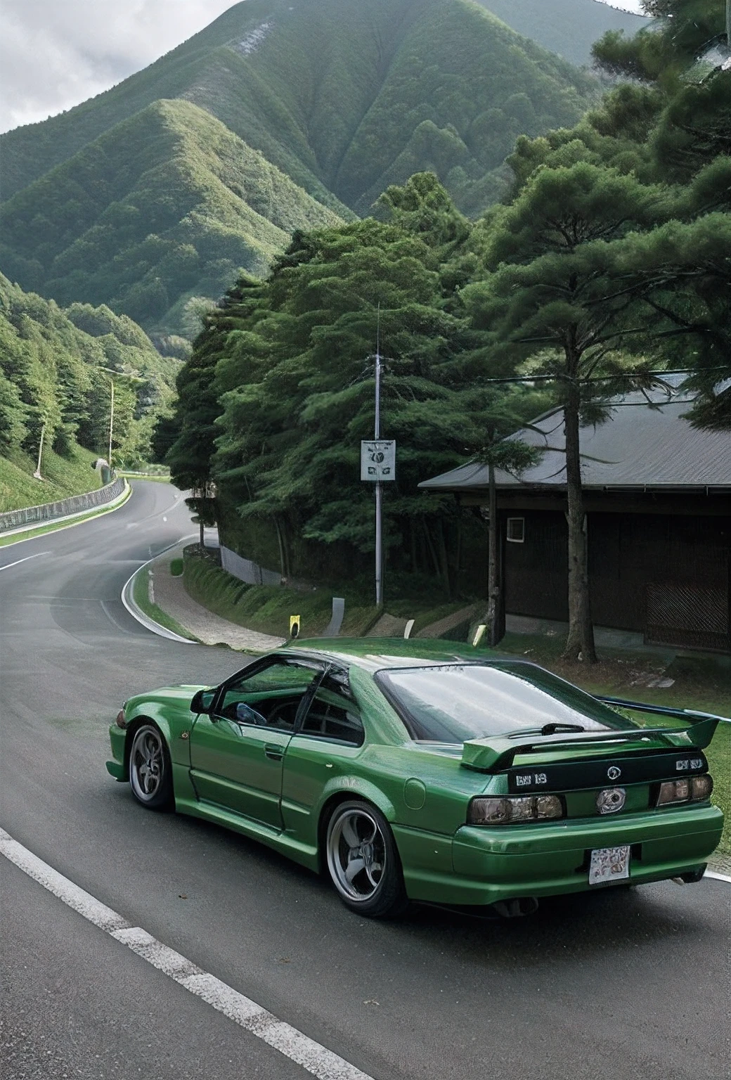 A kobaldgreen Nissan Silvia S14 Kouki at the start of a mountain road in Japan, ready for the Toge with its details subtly changing to look more like a 1998 model