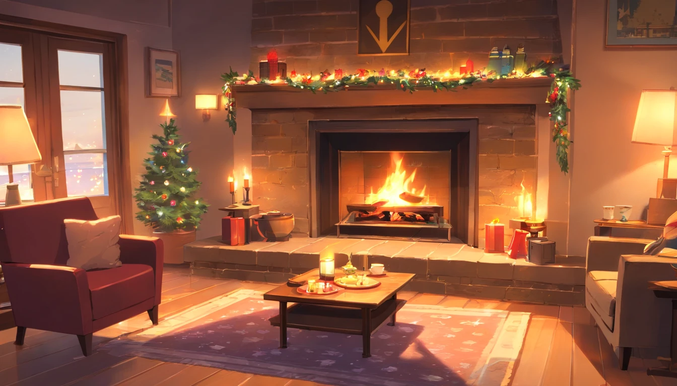 Create a warm and inviting living room scene with the following elements:
A large, crackling fireplace as the focal point of the room, emitting a comforting glow.
Inside the fireplace, a relaxing fire with dancing flames that cast a gentle light across the space.
On the floor near the fireplace, a content cat lounging comfortably and enjoying the warmth.
Christmas stockings hanging from the fireplace mantle, adorned with festive decorations.
A cozy coffee table in the center of the room, featuring a cup of steamy coffee and a neatly arranged bento meal.
The overall ambiance should evoke a sense of tranquility and holiday warmth, capturing the essence of a peaceful winter evening in a well-decorated living room. Pay attention to details like the texture of the fireplace, the expressions of the cat, and the inviting appeal of the scene. Feel free to add any additional elements that enhance the cozy atmosphere.