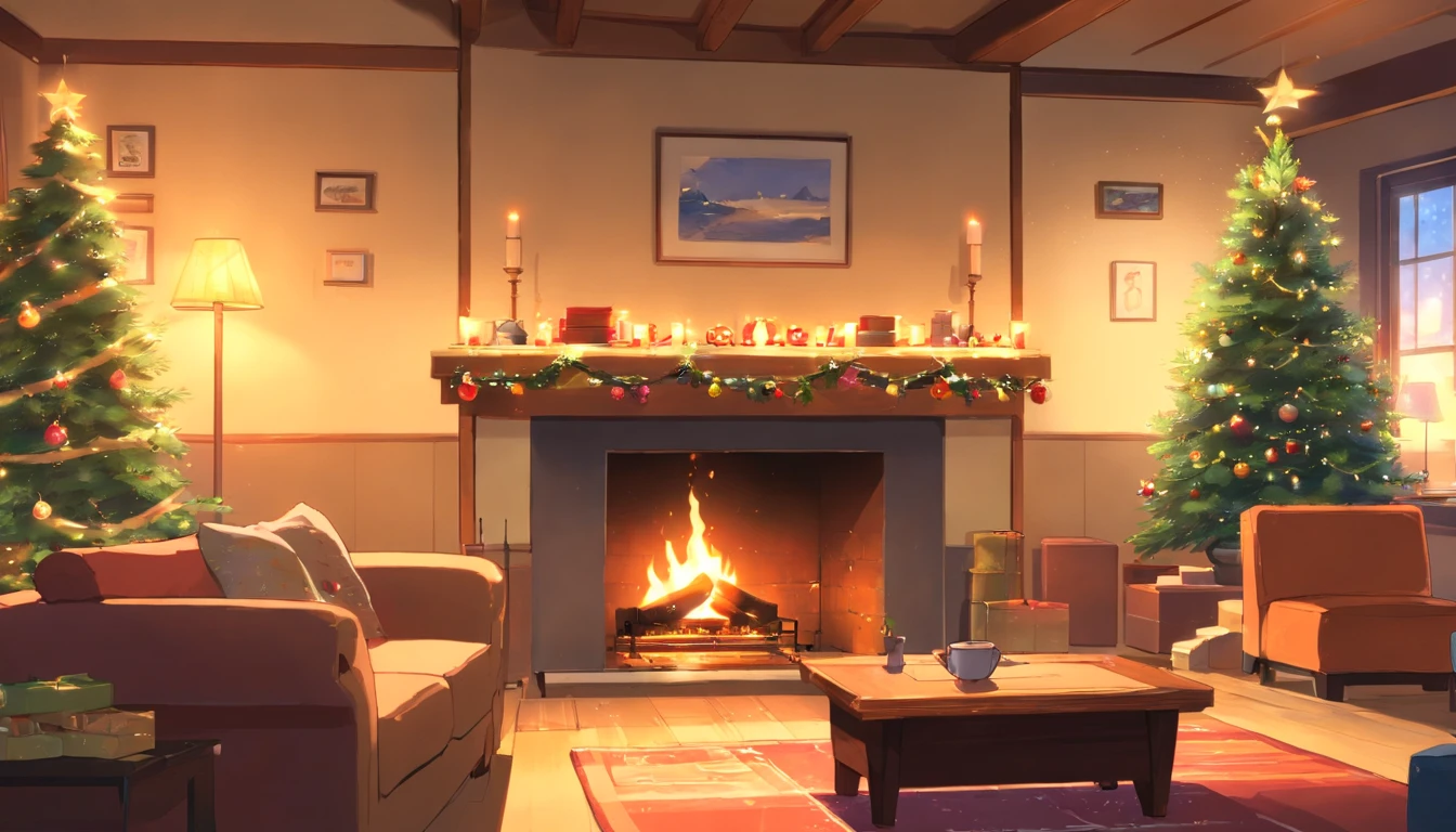 Create a warm and inviting living room scene with the following elements:
A large, crackling fireplace as the focal point of the room, emitting a comforting glow.
Inside the fireplace, a relaxing fire with dancing flames that cast a gentle light across the space.
On the floor near the fireplace, a content cat lounging comfortably and enjoying the warmth.
Christmas stockings hanging from the fireplace mantle, adorned with festive decorations.
A cozy coffee table in the center of the room, featuring a cup of steamy coffee and a neatly arranged bento meal.
The overall ambiance should evoke a sense of tranquility and holiday warmth, capturing the essence of a peaceful winter evening in a well-decorated living room. Pay attention to details like the texture of the fireplace, the expressions of the cat, and the inviting appeal of the scene. Feel free to add any additional elements that enhance the cozy atmosphere.