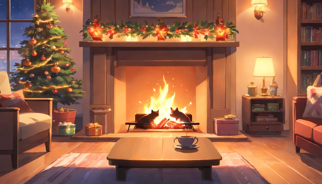 Create a warm and inviting living room scene with the following elements:
A large, crackling fireplace as the focal point of the room, emitting a comforting glow.
Inside the fireplace, a relaxing fire with dancing flames that cast a gentle light across the space.
On the floor near the fireplace, a content cat lounging comfortably and enjoying the warmth.
Christmas stockings hanging from the fireplace mantle, adorned with festive decorations.
A cozy coffee table in the center of the room, featuring a cup of steamy coffee and a neatly arranged bento meal.
The overall ambiance should evoke a sense of tranquility and holiday warmth, capturing the essence of a peaceful winter evening in a well-decorated living room. Pay attention to details like the texture of the fireplace, the expressions of the cat, and the inviting appeal of the scene. Feel free to add any additional elements that enhance the cozy atmosphere.