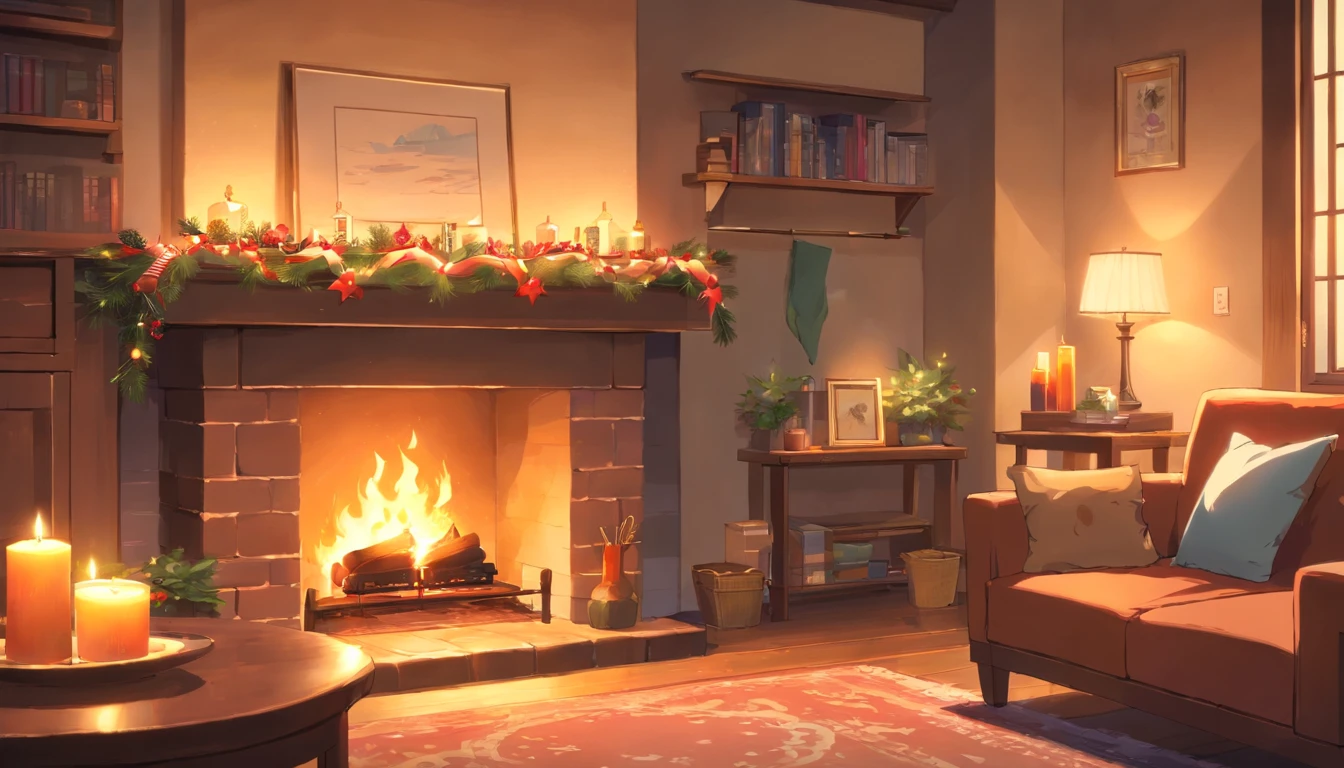 Create a warm and inviting living room scene with the following elements:
A large, crackling fireplace as the focal point of the room, emitting a comforting glow.
Inside the fireplace, a relaxing fire with dancing flames that cast a gentle light across the space.
On the floor near the fireplace, a content cat lounging comfortably and enjoying the warmth.
Christmas stockings hanging from the fireplace mantle, adorned with festive decorations.
A cozy coffee table in the center of the room, featuring a cup of steamy coffee and a neatly arranged bento meal.
The overall ambiance should evoke a sense of tranquility and holiday warmth, capturing the essence of a peaceful winter evening in a well-decorated living room. Pay attention to details like the texture of the fireplace, the expressions of the cat, and the inviting appeal of the scene. Feel free to add any additional elements that enhance the cozy atmosphere.