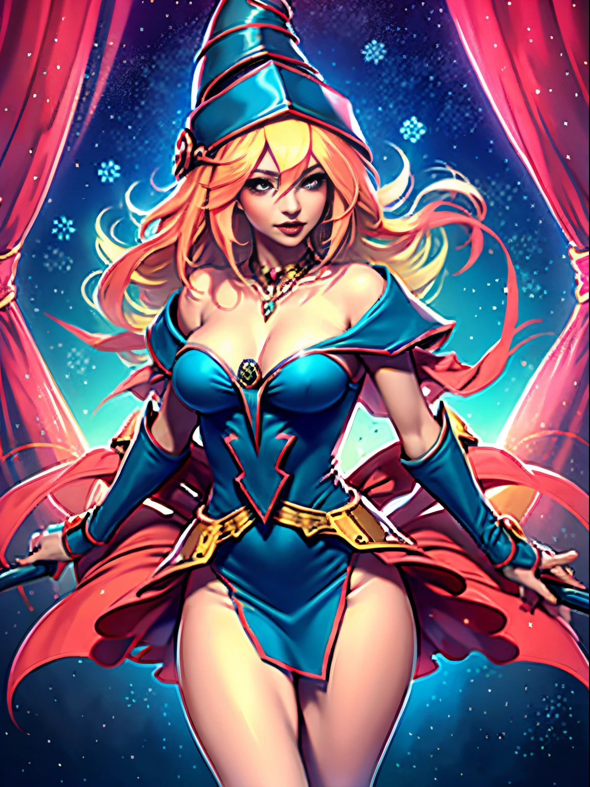 Dark magician gils con vestido rojo,((see through)), extremadamente detallado, rubio,(((Mini falda diminuta))), ((skirt lift)),(((tanga visible))),Sonriendo, ojos azules, realista, tacones rojos, (((Navidad))), escote, ((christmas tree, Regalos)), cabello rubio, navidad de Magia. Pose sejustiva y sensual.