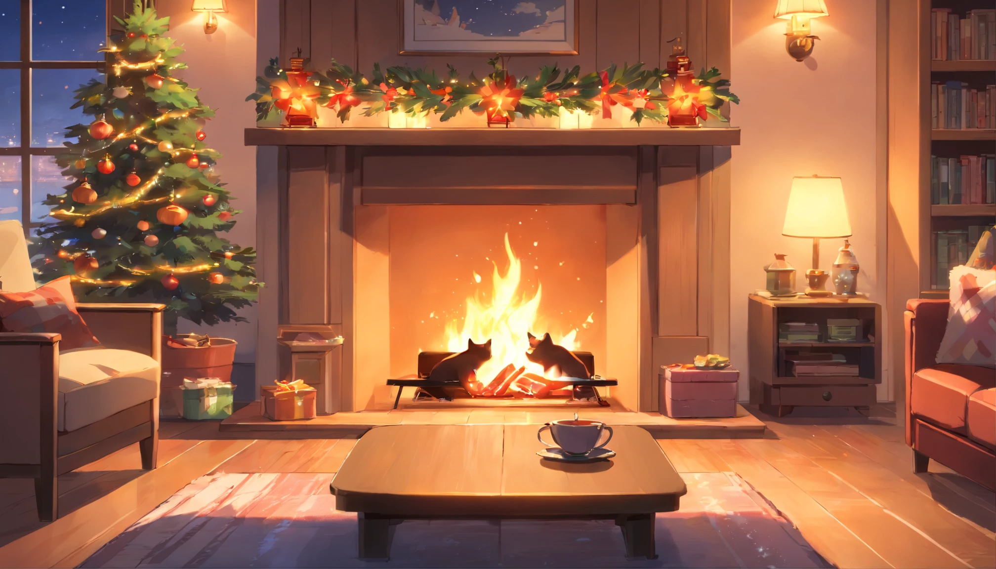 Create a warm and inviting living room scene with the following elements:

A large, crackling fireplace as the focal point of the room, emitting a comforting glow.
Inside the fireplace, a relaxing fire with dancing flames that cast a gentle light across the space.
On the floor near the fireplace, a content cat lounging comfortably and enjoying the warmth.
Christmas stockings hanging from the fireplace mantle, adorned with festive decorations.
A cozy coffee table in the center of the room, featuring a cup of steamy coffee and a neatly arranged bento meal.
The overall ambiance should evoke a sense of tranquility and holiday warmth, capturing the essence of a peaceful winter evening in a well-decorated living room. Pay attention to details like the texture of the fireplace, the expressions of the cat, and the inviting appeal of the scene. Feel free to add any additional elements that enhance the cozy atmosphere.