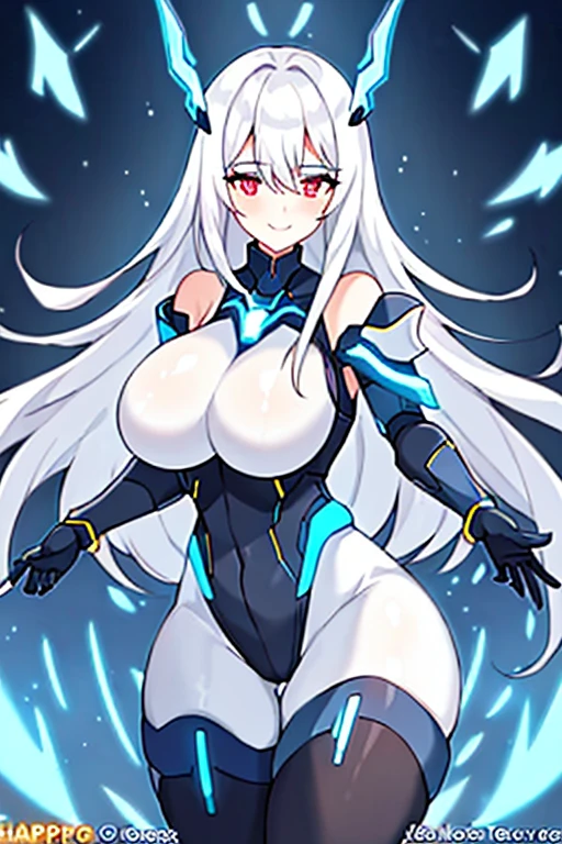 1girl, white hair, large breasts, breasts, thick thighs, wide hips, red eyes, bodysuit, black bodysuit, pantyhose, long hair, light smile, happy, science-fiction, tech, futuristic, black pantyhose, thighhighs, neon, machinery, hair ornament, ornament, neon trim, anime style, 2d, anime screencap, shoulder armor, blue neon trim