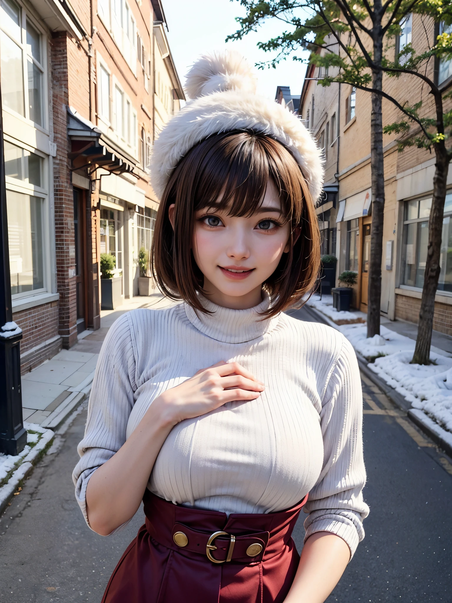 (masutepiece:1.4, top-quality、Very attractive adult beauty with a very cute smile:1.4、Add intense highlights to the eyes:1.4、Look firmly at the camera、Put your right hand on your chest、Beautiful woman full of adult charm:1.4),1girl in, 独奏, Light brown shiny hair, muffler,Santa Claus hat:1.4,realisitic, looking at the viewers, Bright colored crystal light blue eyes:1.4, short shiny hair, Santa Claus Starneck Knit、 Red and white costume of Santa Claus in a turtleneck with a round hole in the center of the chest:1.4,Sexy red and white turtleneck knit sweater with round hole in the center of chest:1.4、 s lips, lipgloss:1.4，bangss, The upper part of the body、big eye、Lashes、The face is a little red:1.4、Embarrassing)、((Canada's tree-lined streets in winter:1.4))、((Brunette's short bob hair with bangs、big eye、Put very strong highlights in your students:1.4、{Gigantic|Big|Huge|Mega} breasts:1.4、very Bigger breasts、gazing at viewer、Very beautiful beauty、Put your ears out:1.4、long neck:1.4、little smiling、Beautiful teeth、Open your mouth and smile:1.4))、28 year old:1.4、Very cute supermodel:1.4、