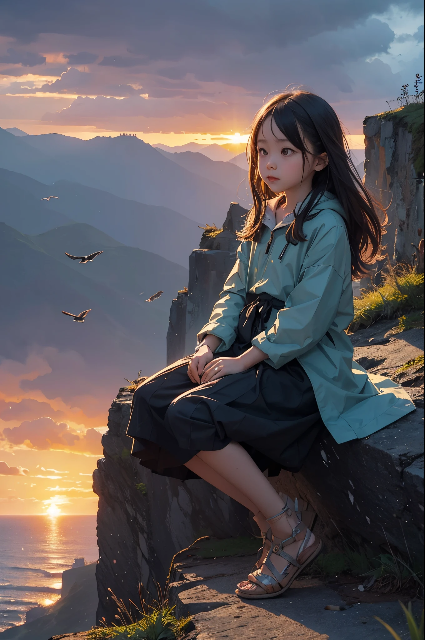 raining day， watching sunset on cliff，There are birds flying in the sky（（rained））（precipice）（There are birds in the sky）