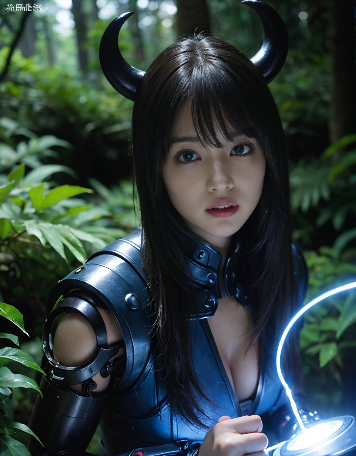 (1 Mechanical Girl)、top-quality、​masterpiece、超A high resolution、(Photorealsitic:1.4)、Raw photo、女の子1人、Fight mutants、glowy skin、(((1 Mechanical Girl)))、With a beautiful knife、（Red Metal Bodysuit）、(Fight goblings、ogre、Fierce battle with orcs),（Fight fiercely against aliens）、Fight fiercely、(beautiful forest background)、(Fighting Demonic Beasts)、(Small LED)、((super realistic details))、portlate、(Strong giant demon beast background),globalillumination、Shadow、octan render、8K、ultrasharp、Colossal tits、Raw skin is exposed in cleavage、metals、Details of complex ornaments、Japan details、highly intricate detail、Realistic light、(Mystical expression),CGSoation Trends、Blue eyes、radiant eyes、Facing the camera、neon details、(Mechanical limbs)、(blood vessels connected to tubes)、(Wires and cables connecting to the head)、Small LED、,Mechanical thighs、Toostock、（Hands are also made of machines）、（Attack of the Monster Beasts）、