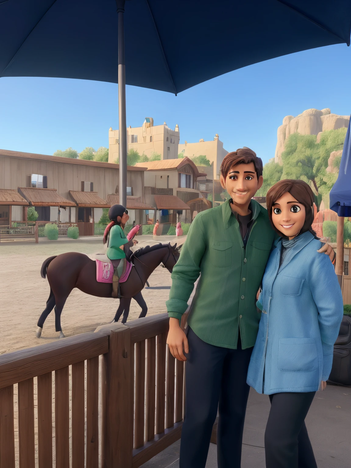 A smiling man wearing a green shirt and light brown hair, and a smiling woman wearing a blue shirt and a black hijab. they are standing under an umbrella on a patio with a horse, with horse driven, on a horse, taken on iphone 14 pro, by Romain brook, horse in background, taken on iphone 1 3 pro, by Meredith Dillman, 🤬 🤮 💕 🎀, shot on iphone 1 3 pro, riding a horse!!! in saharan, artist unknown