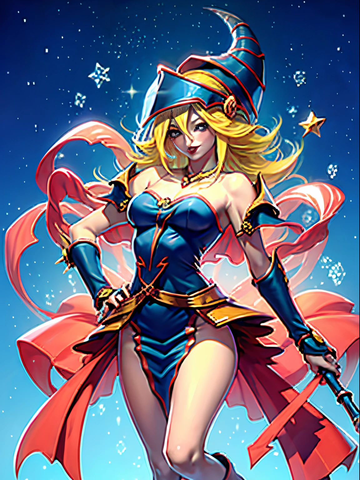 Dark magician gils con vestido rojo,((see through)), extremadamente detallado, rubio,(((Mini falda diminuta))), ((skirt lift)),(((tanga visible))),Sonriendo, ojos azules, realista, tacones rojos, (((Navidad))), escote, ((christmas tree, Regalos)), cabello rubio, navidad de Magia. Pose sejustiva y sensual.