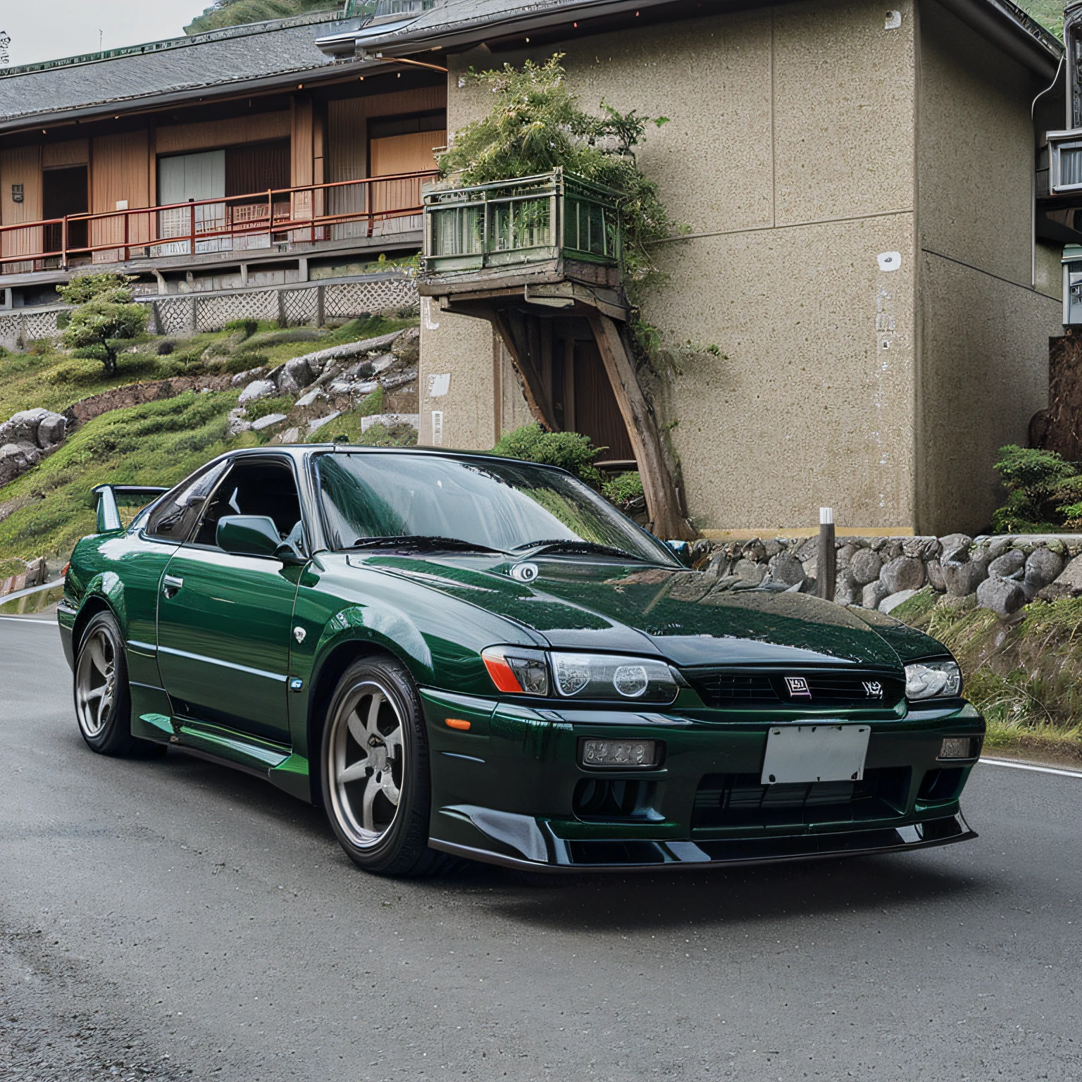A kobaldgreen Nissan Silvia S14 Kouki at the start of a mountain road in Japan, ready for the Toge with its details subtly changing to look more like a 1998 model