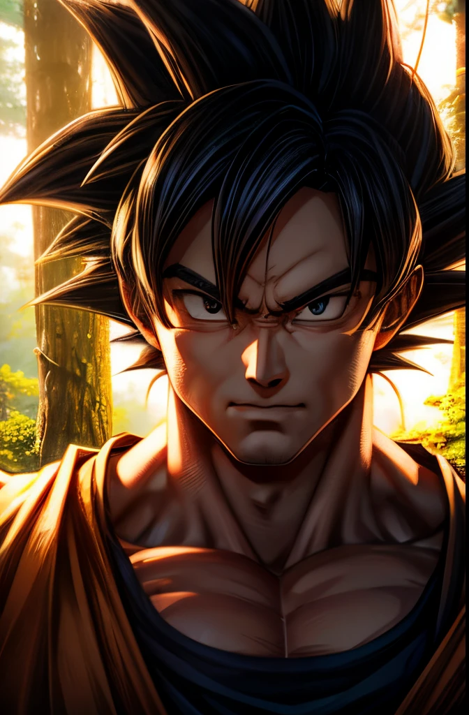 Goku,1 man,strong body,portrait,looking at the camera,forest background,tired face,(best quality,8K,HDR:1.2),realistic lighting,anime art style