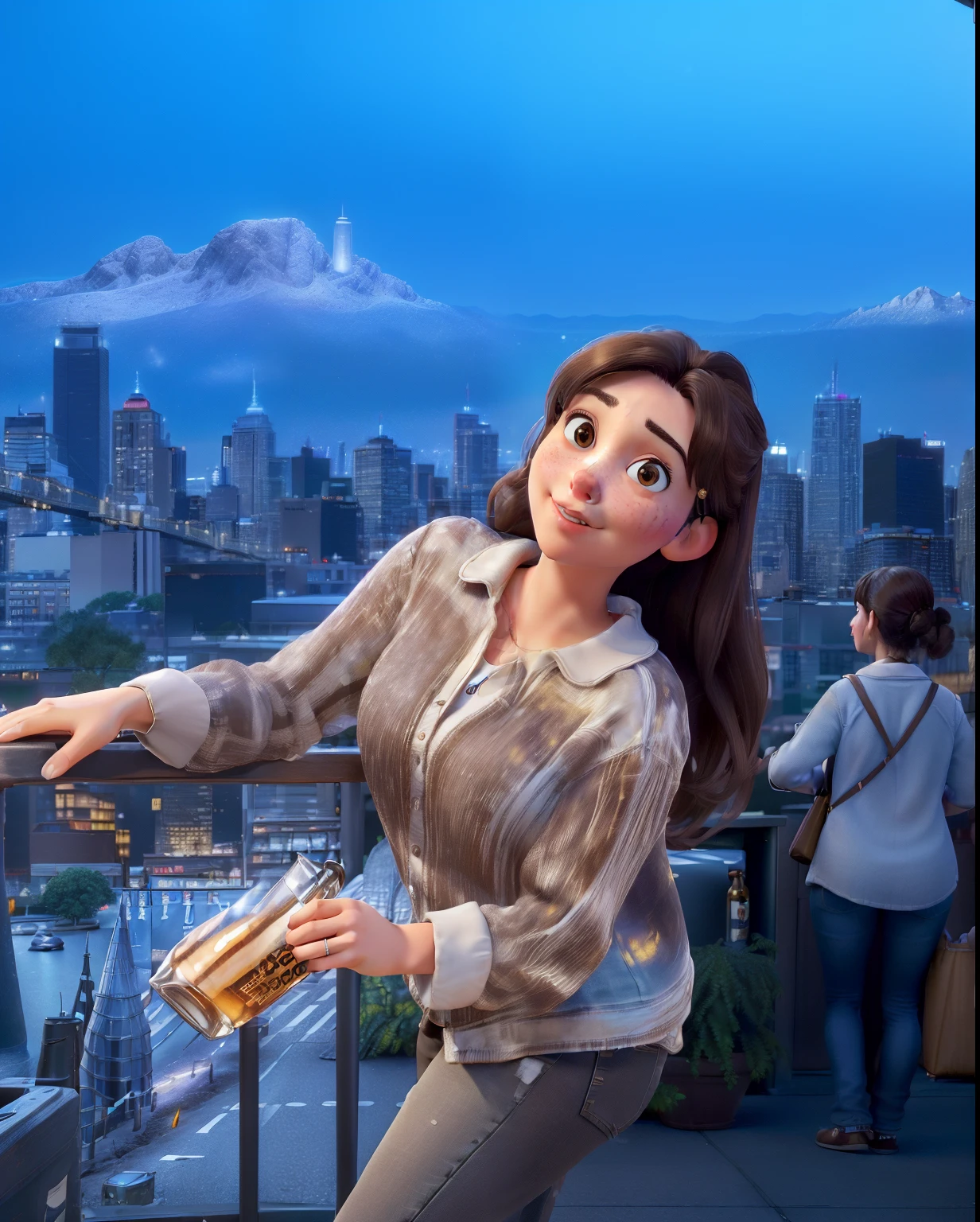 (best quality,4k,8k,highres,masterpiece:1.2),ultra-detailed,(realistic,photorealistic,photo-realistic:1.37),young white woman,medium dark brown hair,brown eyes,wearing jeans,black blouse,drinking beer,enjoying herself,new york bar,vivid colors,soft lighting,urban,modern,cityscape,energetic atmosphere。