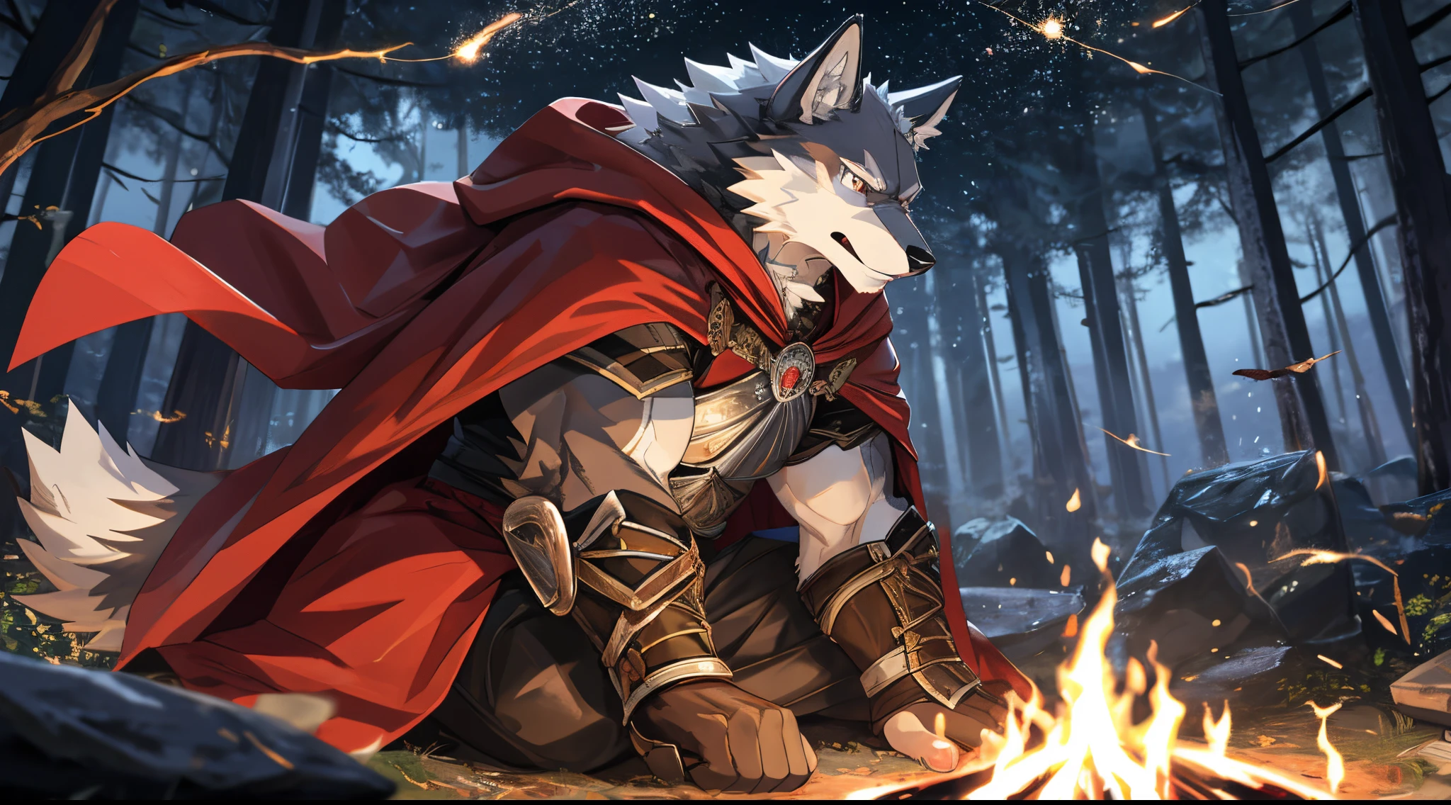 Anthro((dramatic))epic, dynamic pose, One scene of movie, An extreme perspective with a powerful composition, absurdres, Perfect ???????, magnificent picture of kemono fighting fierce battles, (ultra detailed), sharp focus, niji, eyesgod, black eye, furry, light-white fur, brown fur, white beard, anthro (wolf), male, middle-aged, gray body, white belly, tail, muscular, knight costume, long red cherry cloak, ultra detailed face, depth of field, motion blur, (best quality), (masterpiece), high details, high quality, award winning, highres, HD, 16k, (background is view of night forest:0.5), light particles, set a bonfire in the forest at night, sitting on the ground