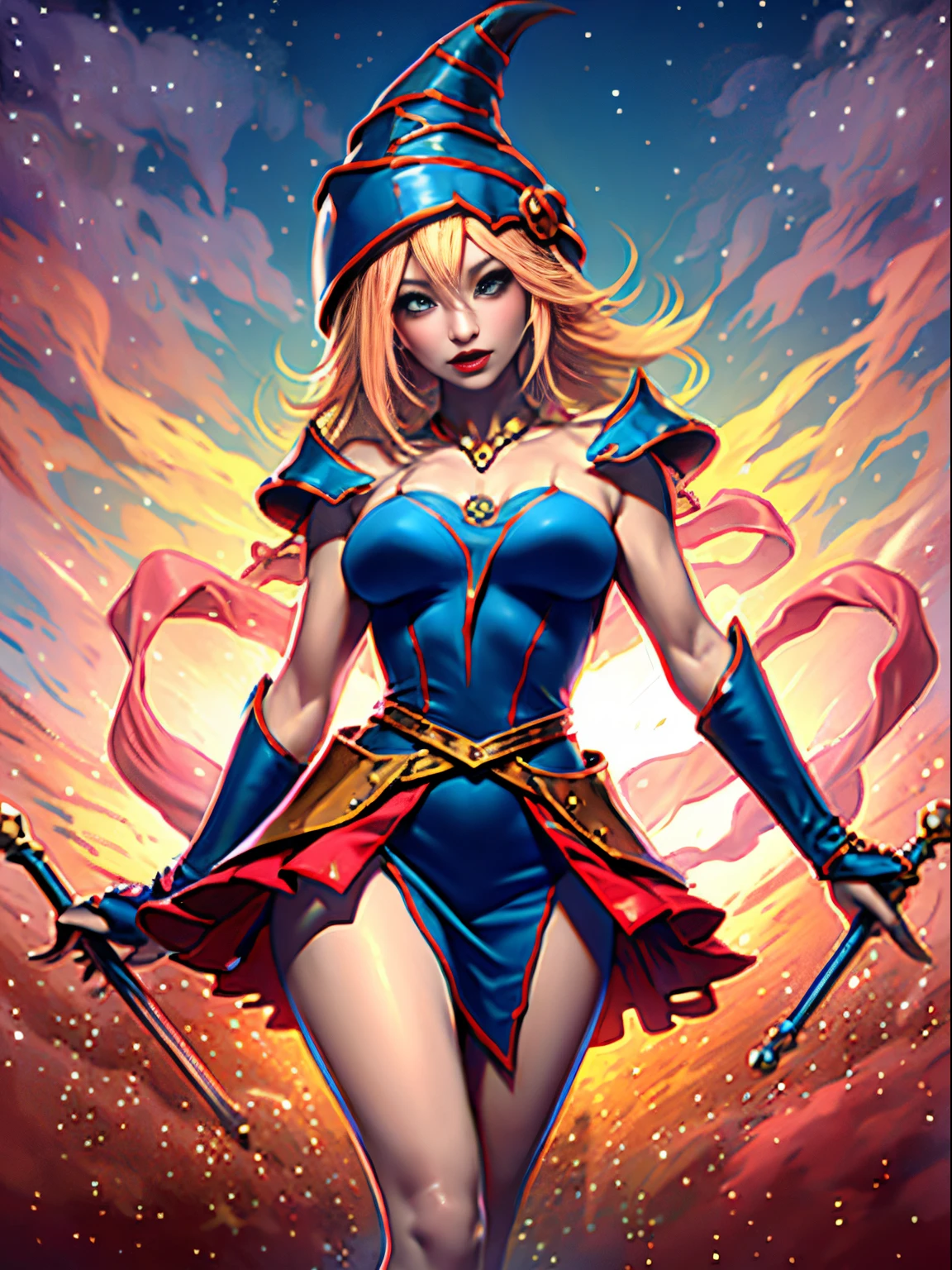 Dark magician gils con vestido rojo,((see through)), extremadamente detallado, rubio,(((Mini falda diminuta))), ((skirt lift)),(((tanga visible))),Sonriendo, ojos azules, realista, tacones rojos, (((Navidad))), escote, ((christmas tree, Regalos)), cabello rubio, navidad de Magia. Pose sejustiva y sensual.