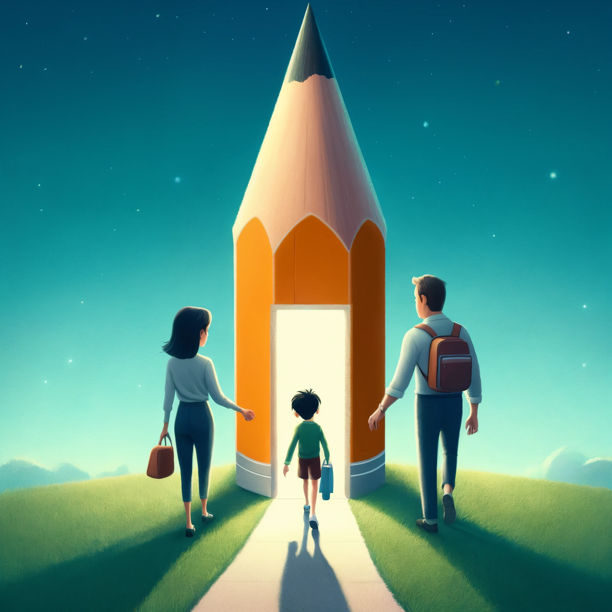 illustration of a family walking towards a pencil-shaped door, of a family leaving a spaceship, inspirado em Chris LaBrooy, stylized digital illustration, Directed by: Chris LaBrooy, Award-Winning Illustration, by Ivan Generalić, concept illustartion, Procreate Illustration, Drawing for children, estilo de desenho, Directed by: Alexander Kucharsky, Cartoon style illustration, illustration!