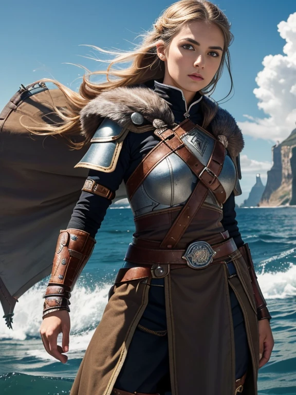 imagem fotorrealista ((master part)), ((alta qualidade)) UHD 8k, de uma menina bonita com chifres, guerreiro viking, esguio, (medium chest), (cintura fina), (longos cabelos ruivos), (olhos azuis profundos) , pele vermelha,(Armadura de couro com saia curta e detalhes intrincados, Multiple waist belts), ((capa de pele)), (in combat position, em um navio viking), natural lighting, professional DSLR camera