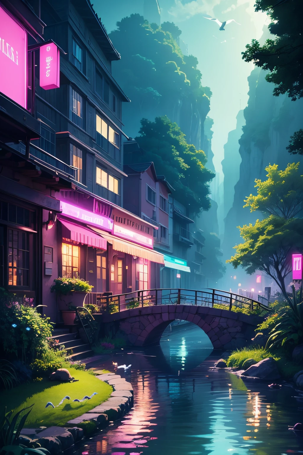 Create a beautiful scene, with birds, animals, vegetation, water, neon, magenta, green, pink, blue, white, award-winning, different image