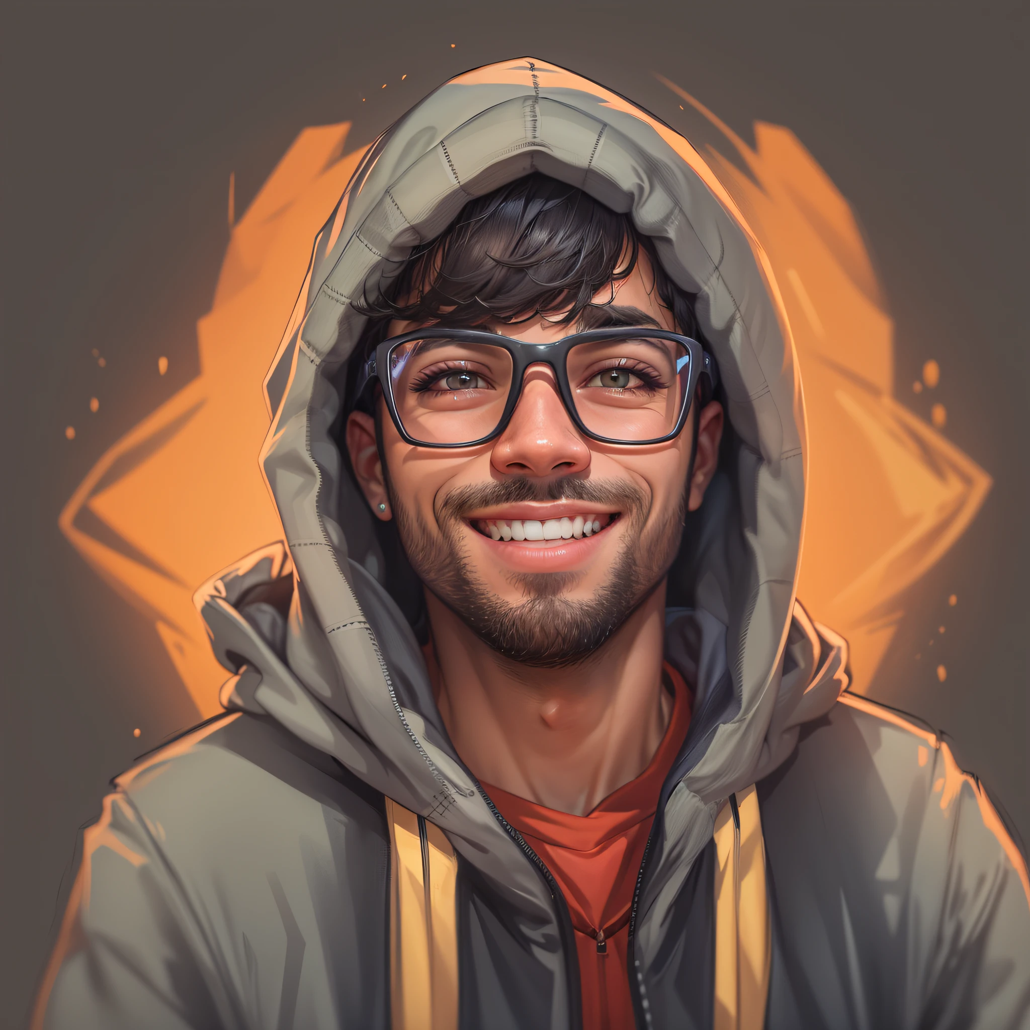 (Piva) Create a high-quality 2D cartoon portrait of a man wearing glasses and a hoodie, exibindo um sorriso alegre. Este retrato destina-se ao uso como NFT, uma imagem de avatar, uma foto de perfil do Discord, e um retrato de conceito de personagem para o streamer e jogador da Twitch conhecido como PivaArts. O retrato completo deve ser detalhado e capturar a personalidade e o estilo da PivaArts, Becoming a Statement Piece. The focus is on a character headshot portrait fit for a Twitch streamer.