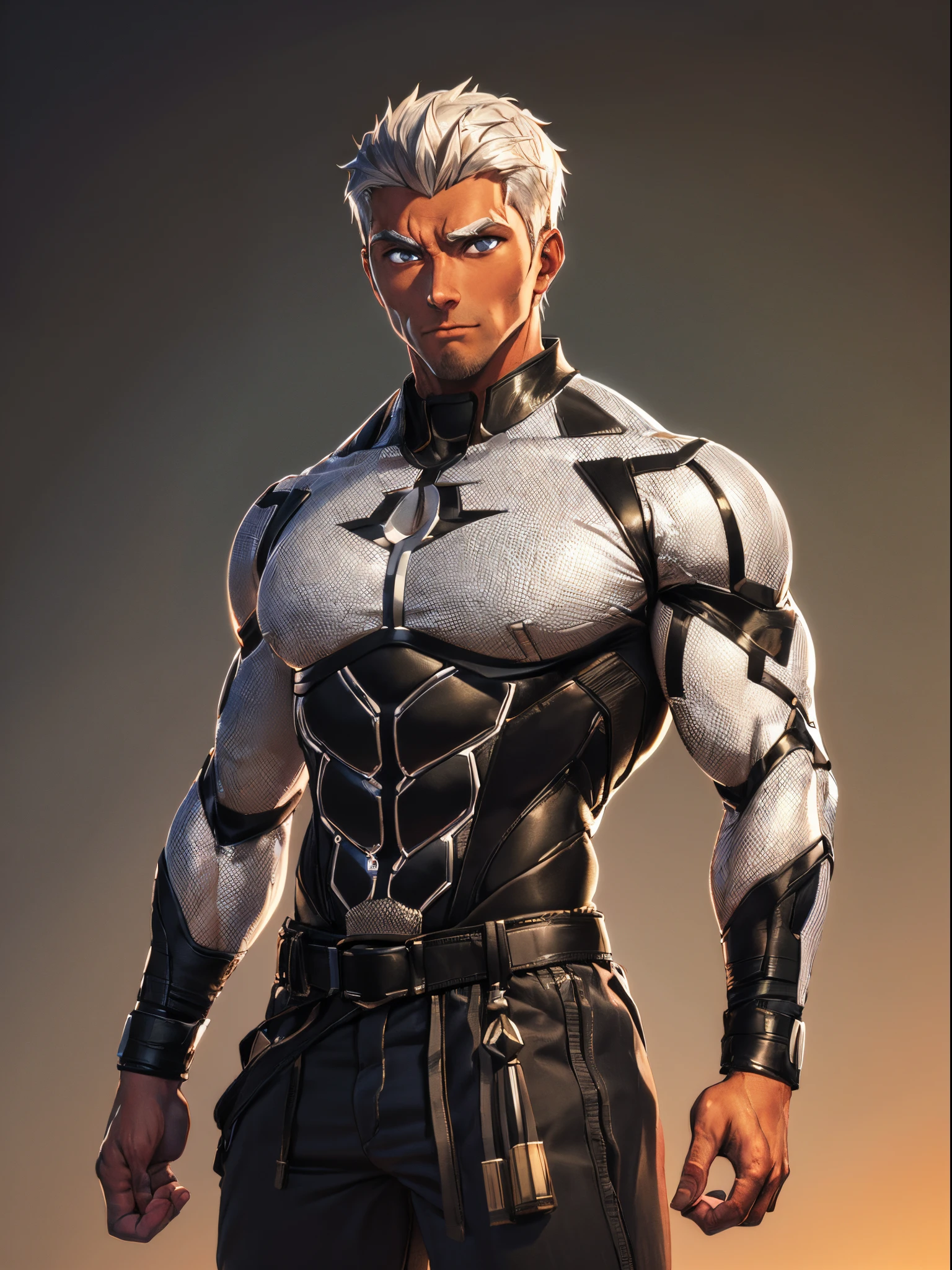 cyberfusion,toned male, masterpiece, intricate details, mesh tank top, upper body, best quality, eye focus, mesh clothes, silver hair, manly, stubble, archer (fate), heavily augumented hands, cyborg, cyberarms, full body,(emiya_shiro: 1.2),dark skin