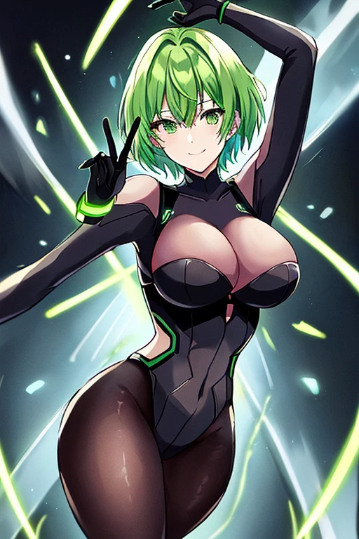 Green hair, bodysuit, short hair, tech, futuristic, science-fiction, neon trim, green neon trim, very short hair, green eyes, pantyhose, swaying hips, hip sway, breasts, large breasts, bouncing breasts, 1girl, arms behind back, hands behind head, thick thighs, wide hips, anime style, anime screencap, 2d, light smile, dancing, sway, black bodysuit