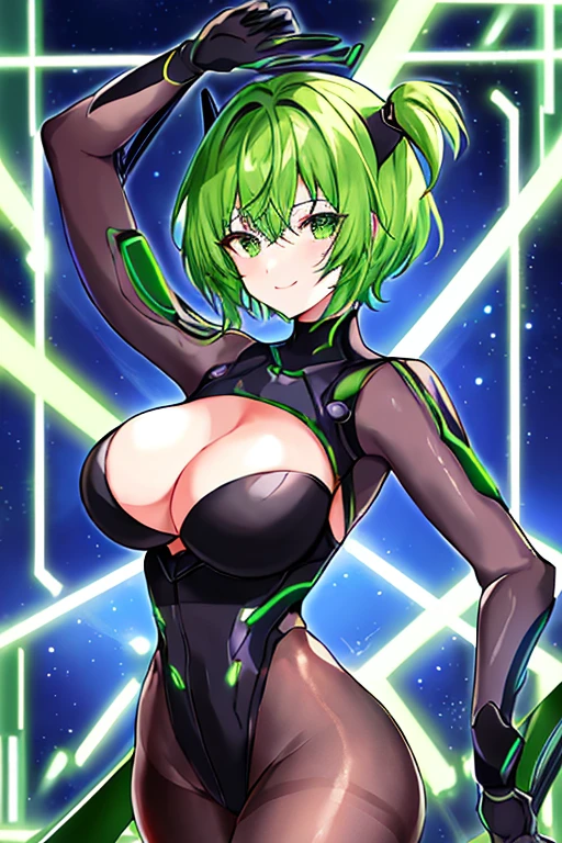 Green hair, bodysuit, short hair, tech, futuristic, science-fiction, neon trim, green neon trim, very short hair, green eyes, pantyhose, swaying hips, hip sway, breasts, large breasts, bouncing breasts, 1girl, arms behind back, hands behind head, thick thighs, wide hips, anime style, anime screencap, 2d, light smile, dancing, sway, black bodysuit