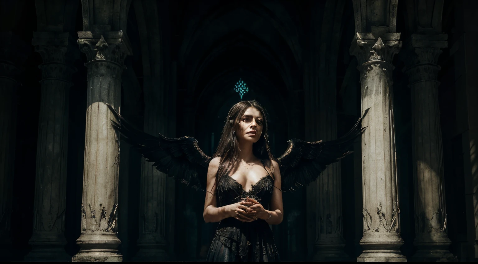 A captivating dark fantasy painting of an unnaturally beautiful angel, bonds tying her to an imposing pillar, tangible agony etched onto her face, wings tarnished and dimmed, veteran of forbidden wars, tarnished halo emitting a feeble light, iridescent feathers peppered throughout the gloomy scene, ambiguous emotion, fallen grace, chiaroscuro technique, Gothic architecture, shadowy pillars striving towards the distant heavens, surrounding air humming with potent mystical energy, subtle highlights, meticulously detailed,