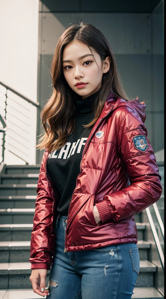 24 years old, gorgeous cute Russian girl, smirk, freckles, arafed woman in a black jacket and jeans standing on a set of stairs, jacket, jossi of blackpink, tzuyu from twice, wearing a fisher 🧥, jinyoung shin, profile pic, she is wearing streetwear, profile image, kiko mizuhara, model wears a puffer jacket, jisoo from blackpink, short jacket, puffer jacket, wearing white and red shoes, height 190cm height, good young girl, (masterpiece:1.0),(best_quality:1.0), ultra high res,4K,ultra-detailed, photography, 8K, HDR, highres, absurdres:1.2, Kodak portra 400, blurry background, bokeh, lens flare, (vibrant_color:1.2), professional photograph, (Beautiful,large_Breasts), (beautiful_face:1.5), (narrow_waist).