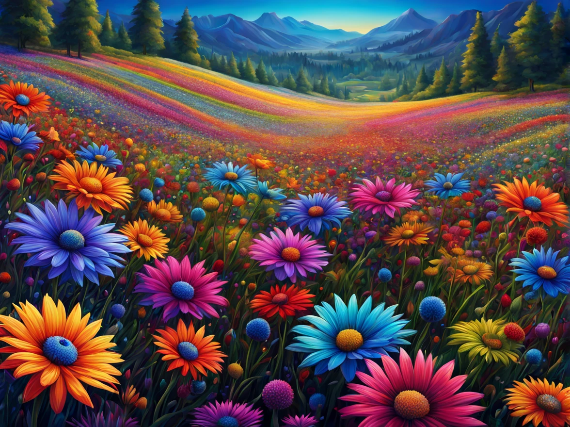 flowers field, art by (Akrokan), mesmerizing digital painting, vivid colors, elaborate, breathtaking, chromatic nanotechnology, magnificent, iridescent particles, mesmerizing pattern of kaleidoscopic colors, nanotechnological display, vibrant hues, (detailed:1.4), best quality, particles, digital painting, H!D