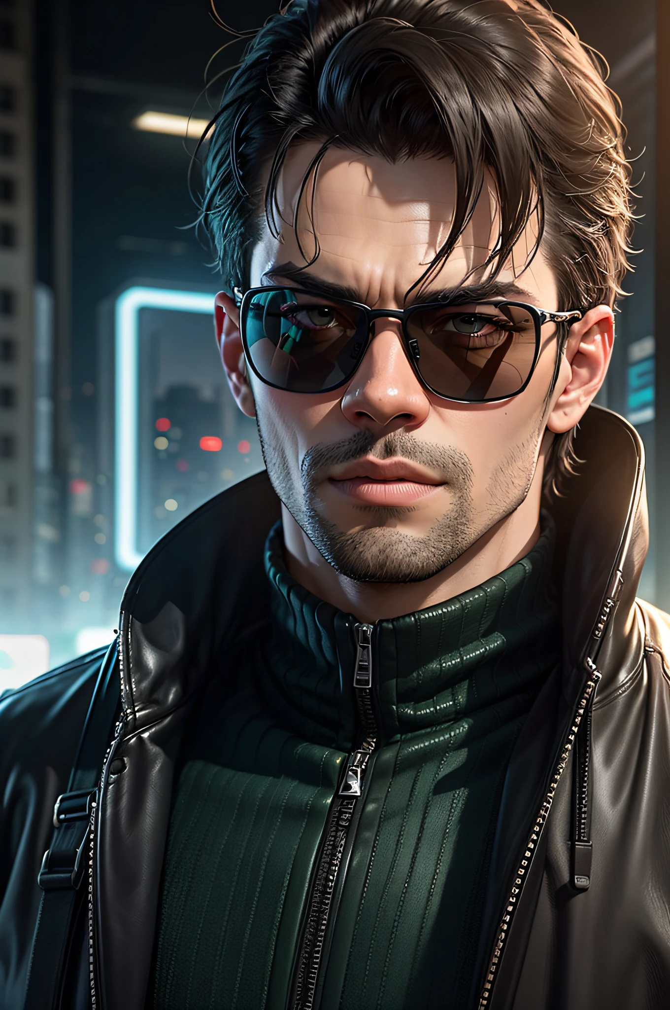 Generate a half-body portrait of a man wearing sunglasses, dressed in a leather trench coat reminiscent of the characters from 'The Matrix', against a backdrop of cascading fluorescent green letters, in the style of the film. Pay meticulous attention to (((intricate details))) like sunglasses, coat, and the texture of the cascading letters. Ambition ((extreme quality of details)) to capture the essence of the 'Matrix' aesthetic. create a ((Complex composition)) which conveys the film's iconic cyberpunk atmosphere.