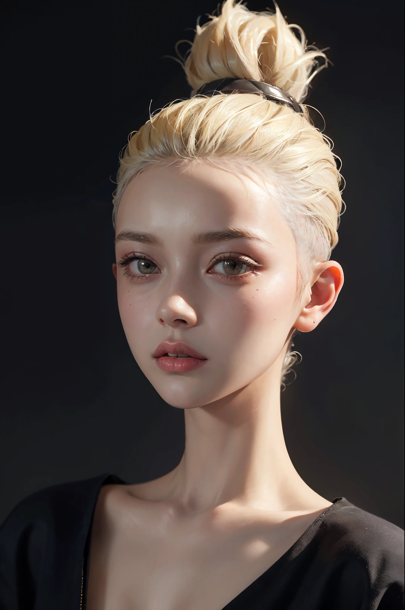 ((Best quality)), ((Masterpiece)), ((Realistic)),((Sharp eyes), A woman with short faded hair in the studio, Green eyes, ((Ultra photo realsisim)), Boy haircut, ((frontage)), wearing a crop top, (((Ring in the nose))),sportrait,light and shadow effect