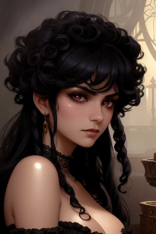 dusk, moody, gloomy, intimate close up portrait of a beautiful vampire princess, perfect Mexican skin, flushed, smoldering eyes, (perfect face), cleavage, shiny long curly black Afro hair, frills, (Albert Lynch), J. C. Leyendecker, Ruan Jia, Gaston Bussiere, Alexandre Cabanel, WLOP, best quality