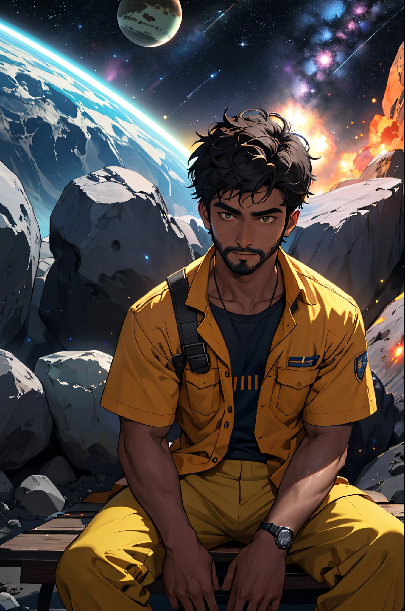 Draw a young Indian man, wearing a yellow ans blue Hawaiian shirt and khaki shorts, sitting on a bench in the middle of an asteroid belt. He is standing with a machine gun in his hand, surrounded by several asteroids glowing with fiery auras. Dramatic lighting from distant stars and planets illuminates the scene, casting deep shadows on the suit. The young man looks confident and determined, looking at the vast and mysterious universe with wonder and respect,facial hair, cowboy shot. Make him look Indian with normal slim Features.