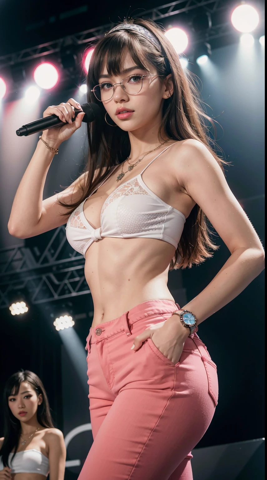 24 years old, gorgeous cute Russian girl, smirk, freckles, arafed asian woman in a pink and black outfit posing for a picture, portrait of Lisa of blackpink, kiko mizuhara, portrait sophie mudd, with full bangs, with bangs, portrait of tifa lockhart, lalisa manoban of blackpink, jossi of blackpink, lalisa manobal, anastasia ovchinnikova, wearing stockings, pink jeans shorts, wearing a diamond necklace, wearing a Casio G-Shock watch, on the idol stage, glasses on the head, getting an award, height 190cm height, good young girl, (masterpiece:1.0),(best_quality:1.0), ultra high res,4K,ultra-detailed, photography, 8K, HDR, highres, absurdres:1.2, Kodak portra 400, blurry background, bokeh, lens flare, (vibrant_color:1.2), professional photograph, (Beautiful,large_Breasts), (beautiful_face:1.5), (narrow_waist).