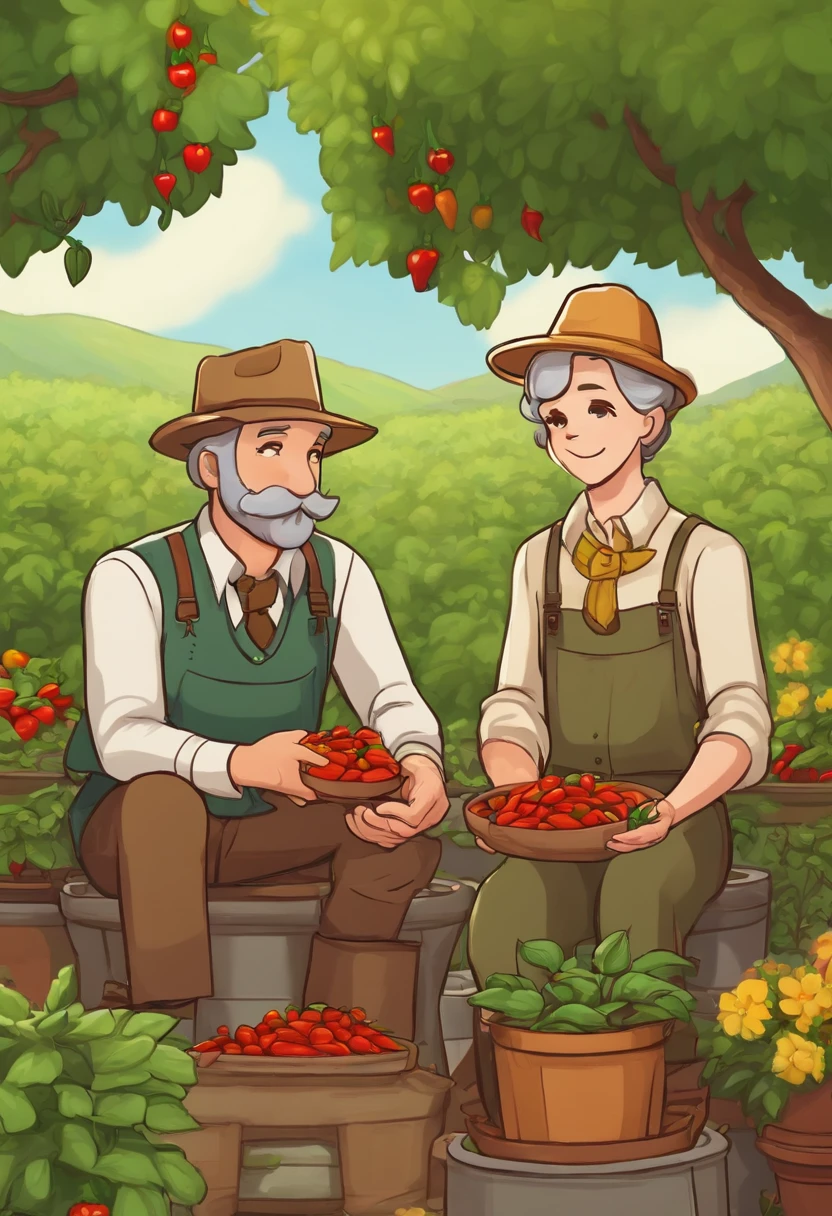 A photo of Mayor Lewis and Marnie tending to a small garden of hot peppers and green tea plants.,Stardew Valley,He wears a tan newsboy cap. He is old and has a big grey mustache. He is a white man. He wears a green button up top with a yellow necktie. He wears brown suspenders and brown pants.