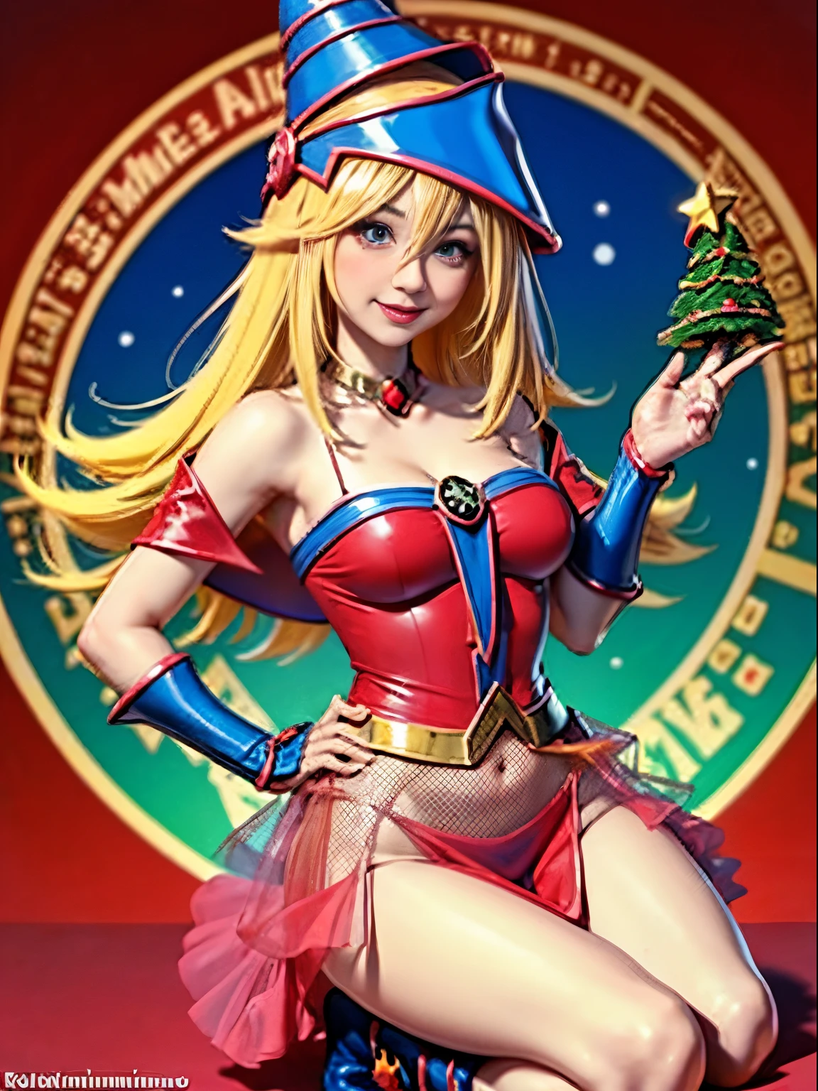 Dark magician gils con vestido rojo,((see through)), extremadamente detallado, rubio,(((Mini falda diminuta))), ((skirt lift)),(((tanga visible))),Sonriendo, ojos azules, realista, tacones rojos, (((Navidad))), escote, ((christmas tree, Regalos)), cabello rubio, navidad de Magia. Pose sejustiva y sensual.
