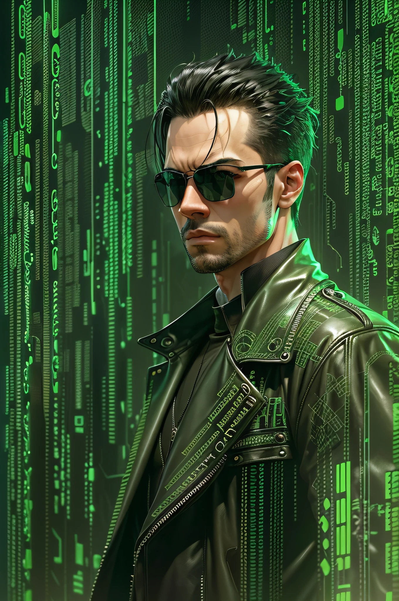 Generate a half-body portrait of a man wearing sunglasses, dressed in a leather trench coat reminiscent of the characters from 'The Matrix', against a backdrop of cascading fluorescent green letters, in the style of the film. Pay meticulous attention to (((intricate details))) like sunglasses, coat, and the texture of the cascading letters. Ambition ((extreme quality of details)) to capture the essence of the 'Matrix' aesthetic. create a ((Complex composition)) which conveys the film's iconic cyberpunk atmosphere.