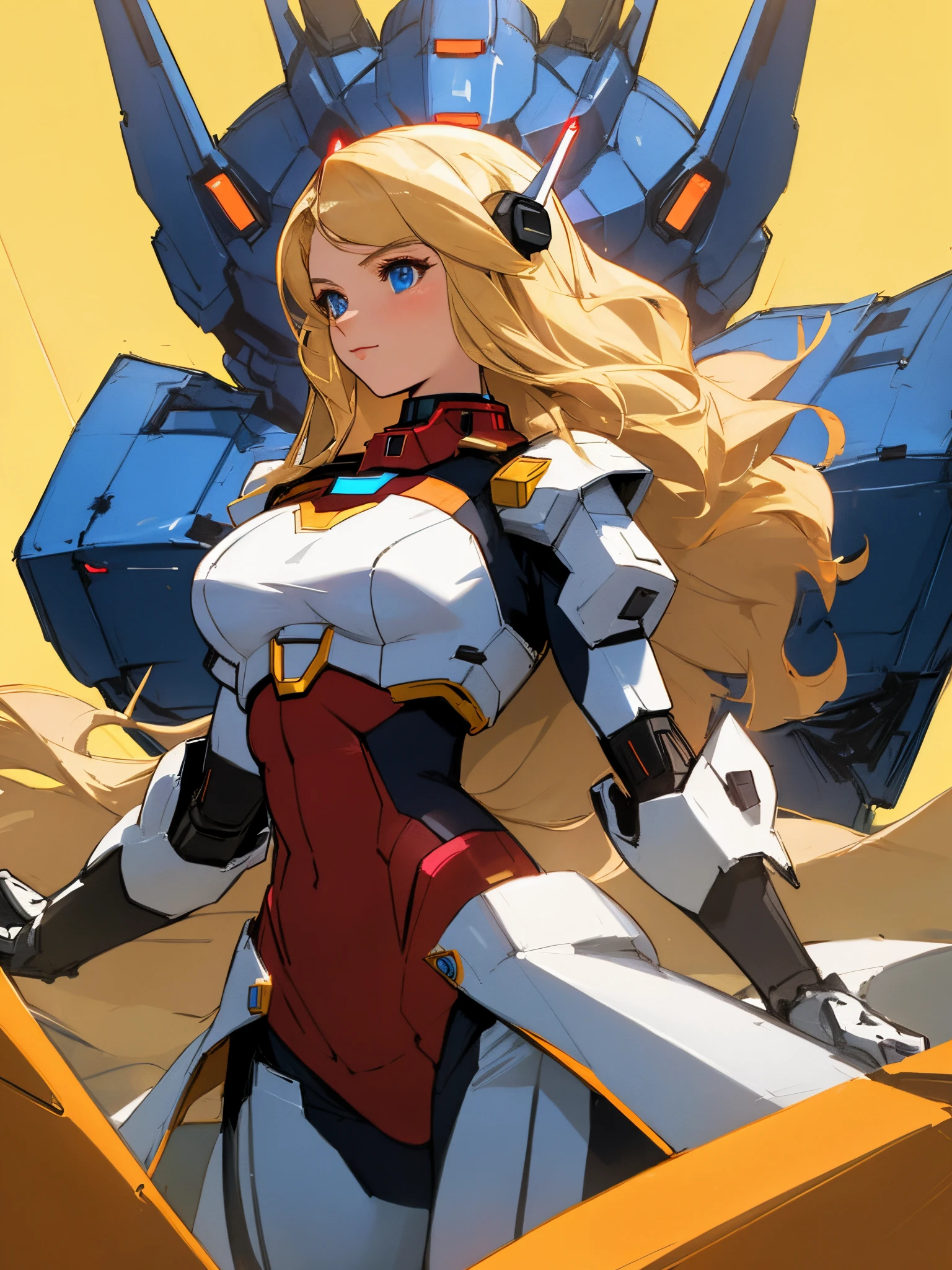 Superhero cybercore woman. Long blonde hair and blue eyes. Mecha outfit.