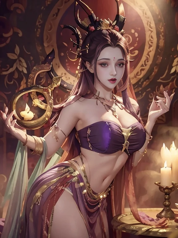 Uma Linda e sedutora mulher de pele vermelha, horns on head, purple lips, olhos carmesim, cabelos vermelhos longos sedosos, roupa hunfa estilizadamente sexy, middlebreasts, olhar arrogante, sentada em cima de almofadas da realeza, cena com luz acentuada e detalhada