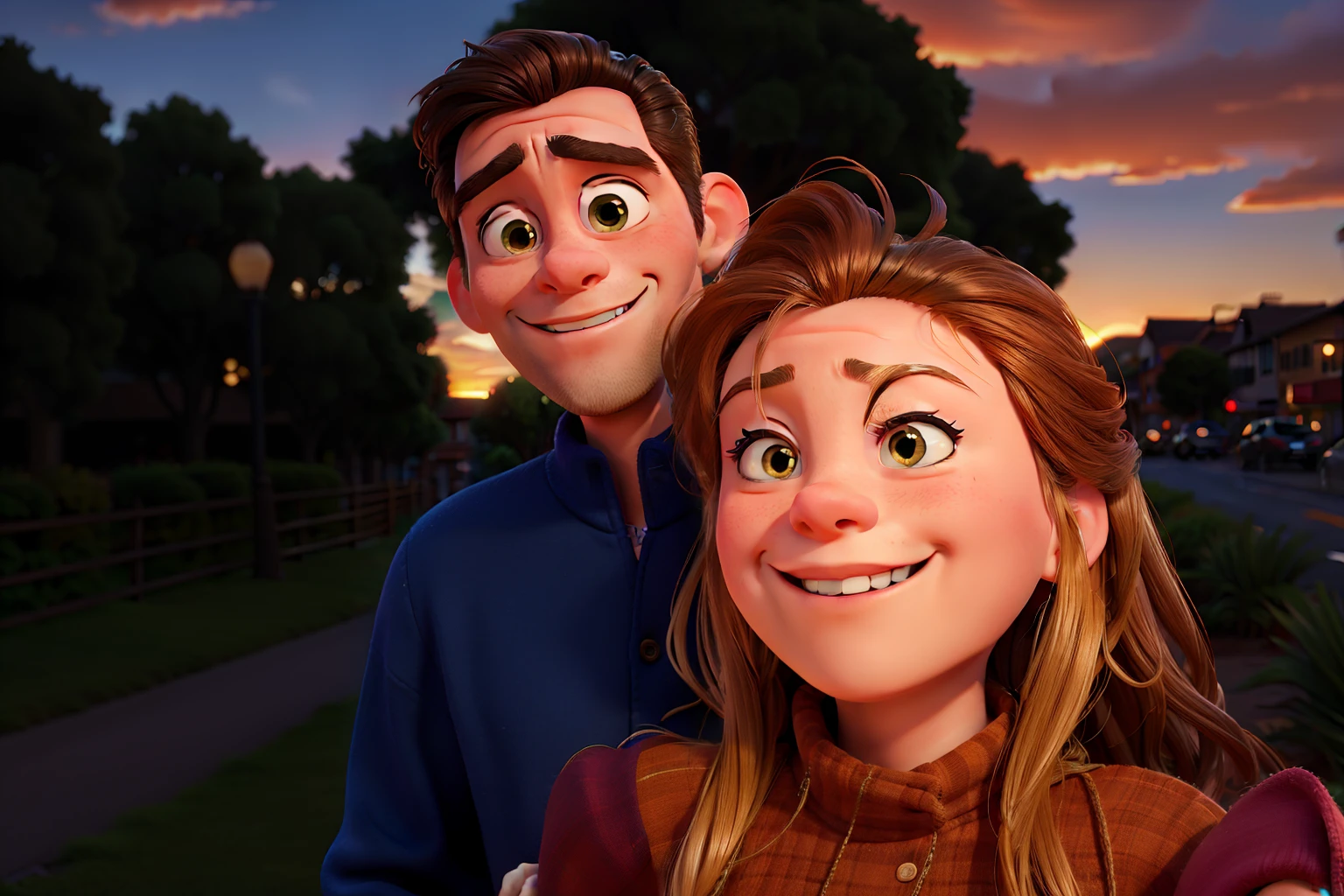 there is a man and a woman standing together in the street, couples portrait, couple portrait, during a sunset, happy couple, vacation photo, during sunset, smiling couple, looking to the side off camera, portrait of two people, wideangle portrait, sunset in the background, at the sunset, looking off into the sunset, photo taken in 2 0 2 0