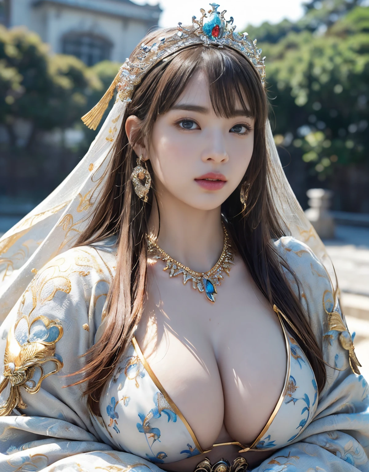 top-quality、masterpiece、超A high resolution、(White Dragon Armor)、(((Colossal tits))),(((Variety of hairstyles))、(((Take different poses))),(Wearing a beautiful crown made of jewels),(Photorealsitic:1.4)、Raw photo、1人、Golden hair、glowy skin、(((Japan Dragon)))、(((maikurobikini))),(Gorgeous Jewelry Necklaces)、(Mystical expression)、(Full Body Angle)、(Fight big dragons)、A dark-haired、poneyTail、(Detailed: White Metal Bikini)、(Detailed and beautiful flower garden)、Precipitous cliffs、(Castle background)、((super realistic details))、portlate、globalillumination、(sexypose)、Shadow、octan render、(Random hair)、8K、Raw skin is exposed in cleavage、metals、Details of complex ornaments、Japan details、highly intricate detail、Realistic light、Blue eyes、radiant eyes、Facing the camera、Precipitous cliffs、Toostock、(Full Body Angle)、(veils)、(((Heavy Big))),