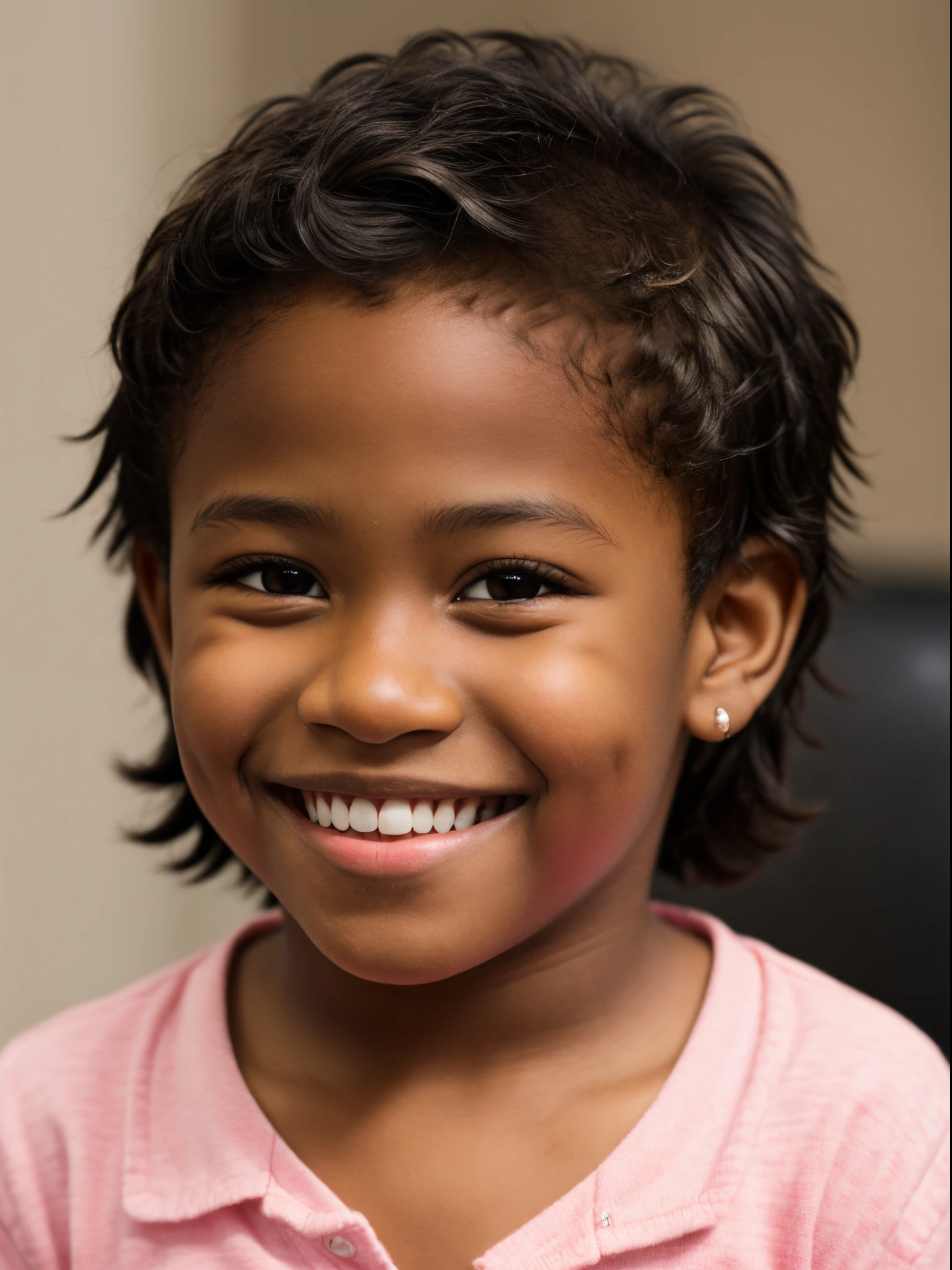 A -year-AfricAmerican boy with brown skin, dark brown eyes and dark black eyelashes with low-cut brown hair, appointing nose, and a big smile with thin, pink lips and cute ears