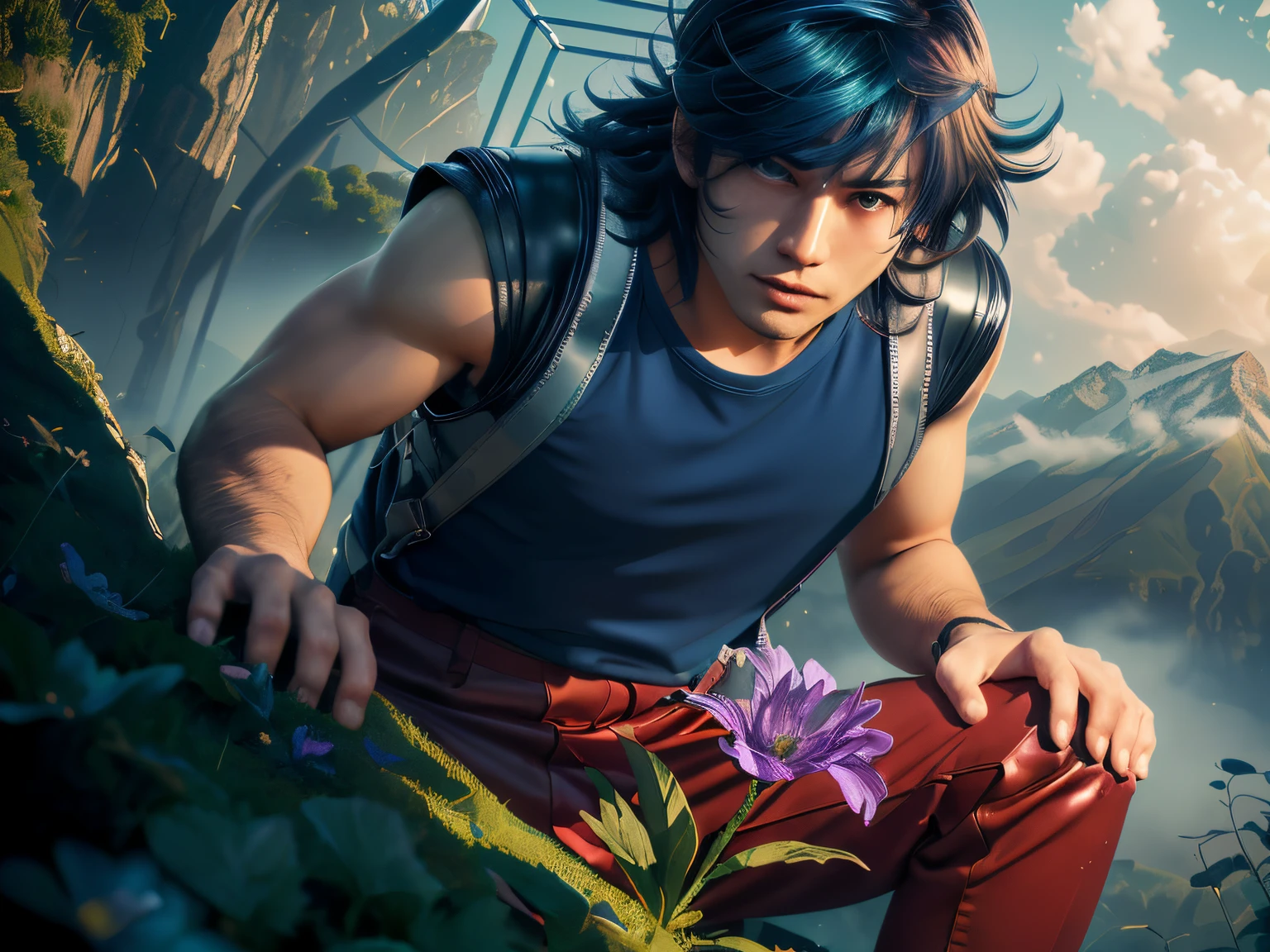 (masterpiece), (realistic), close up, (male) of 20 years old, asian (1boy), solo, slightly low view, looking to the flower, looking down, on one knee, ((handsome man)), ((strong face)), ((serious face)), ((pretty big blue eyes)), ((perfect blue eyes)), (closed lips), short messy blue hair, ((bangs)), hair blowing in the air, (((beardless))), masculine blue t-shirt, red pants, leather shoulder straps, (((metallic Chrome box on his back))), ((metallic silver box)), looking a ((purple flower in the soil)) (first plain), (stem and green leaves), looking the flower, mountains surrounded by mists background, cinematic lighting.
