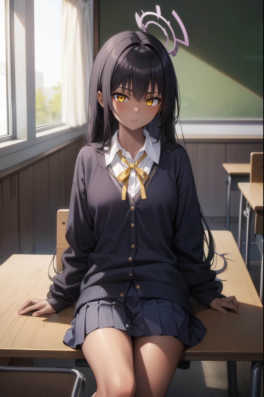 bluearchivekarin, karin, ahoge, black hair, dark skin, dark-skinned female, halo, long hair, (yellow eyes:1.5),
BREAK cardigan, neck ribbon, pleated skirt, ribbon, school uniform, skirt, blue cardigan, 
BREAK looking at viewer, 
BREAK indoors, classroom,
BREAK (masterpiece:1.2), best quality, high resolution, unity 8k wallpaper, (illustration:0.8), (beautiful detailed eyes:1.6), extremely detailed face, perfect lighting, extremely detailed CG, (perfect hands, perfect anatomy),