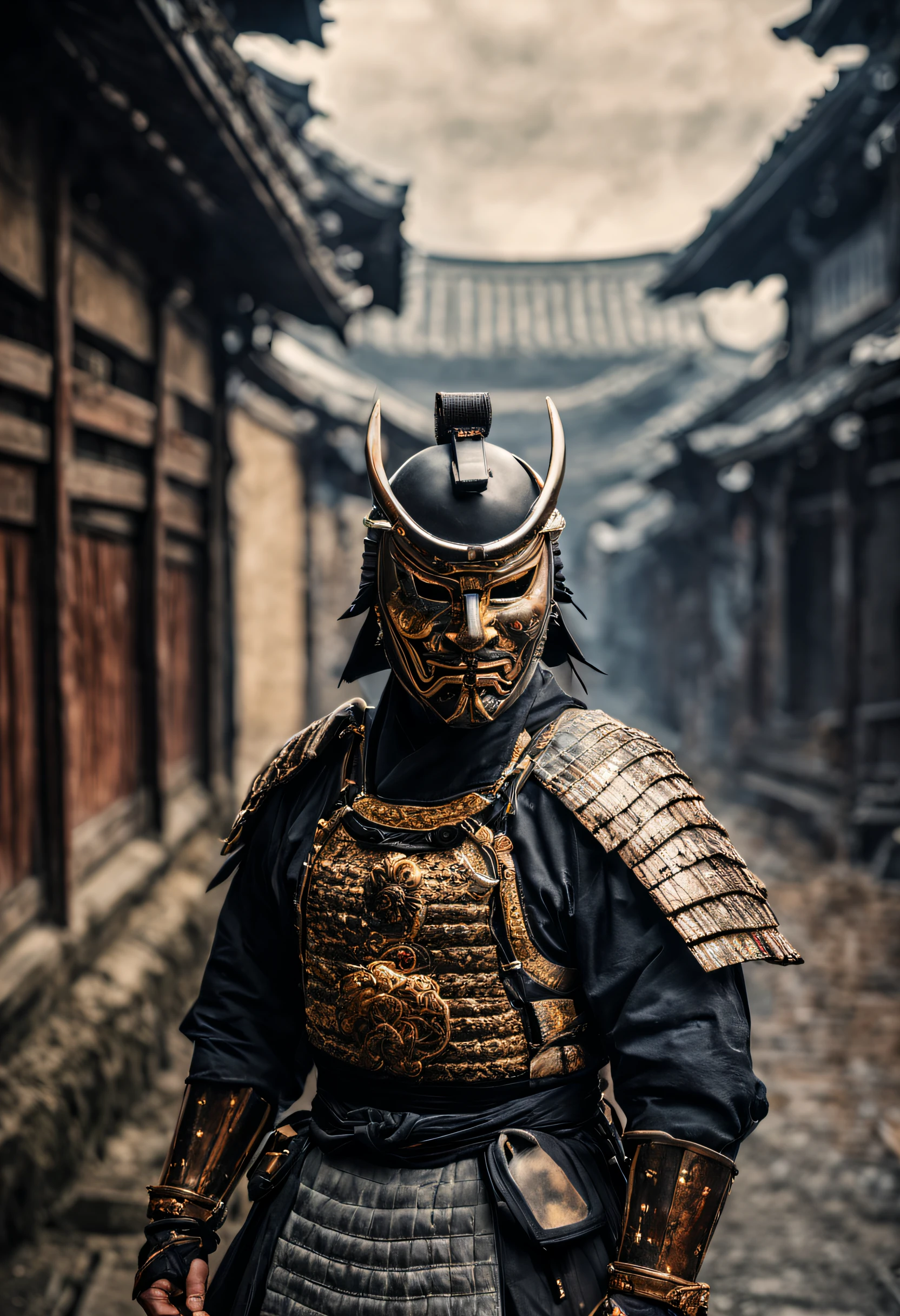 A mysterious Japanese warrior ronin with magnificent mask in portrait, the atmosphere is heavy and sad. It's very detailed and in the atmosphere of the old quarter of the time