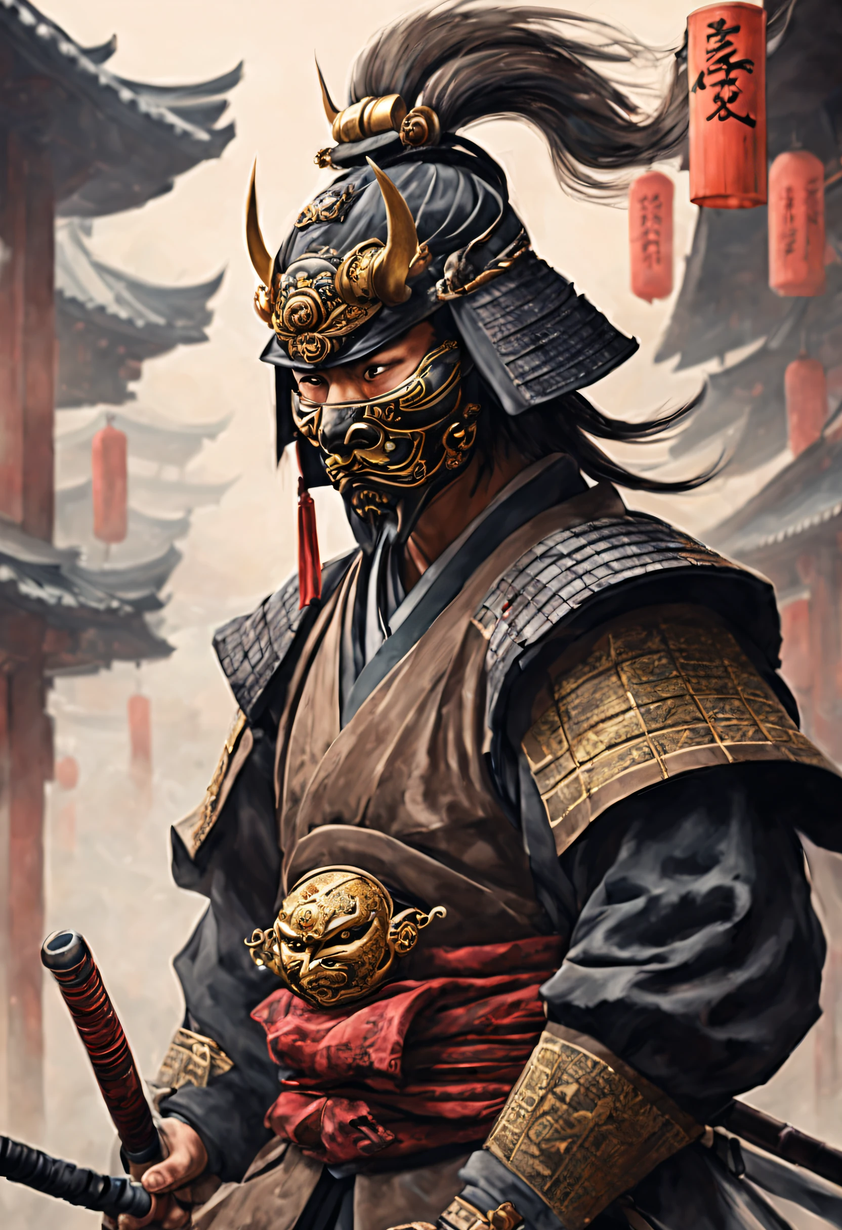 A Japanese warrior ronin with magnificent mask in portrait, the atmosphere is heavy and sad. It's very detailed and in the atmosphere of the old quarter of the time