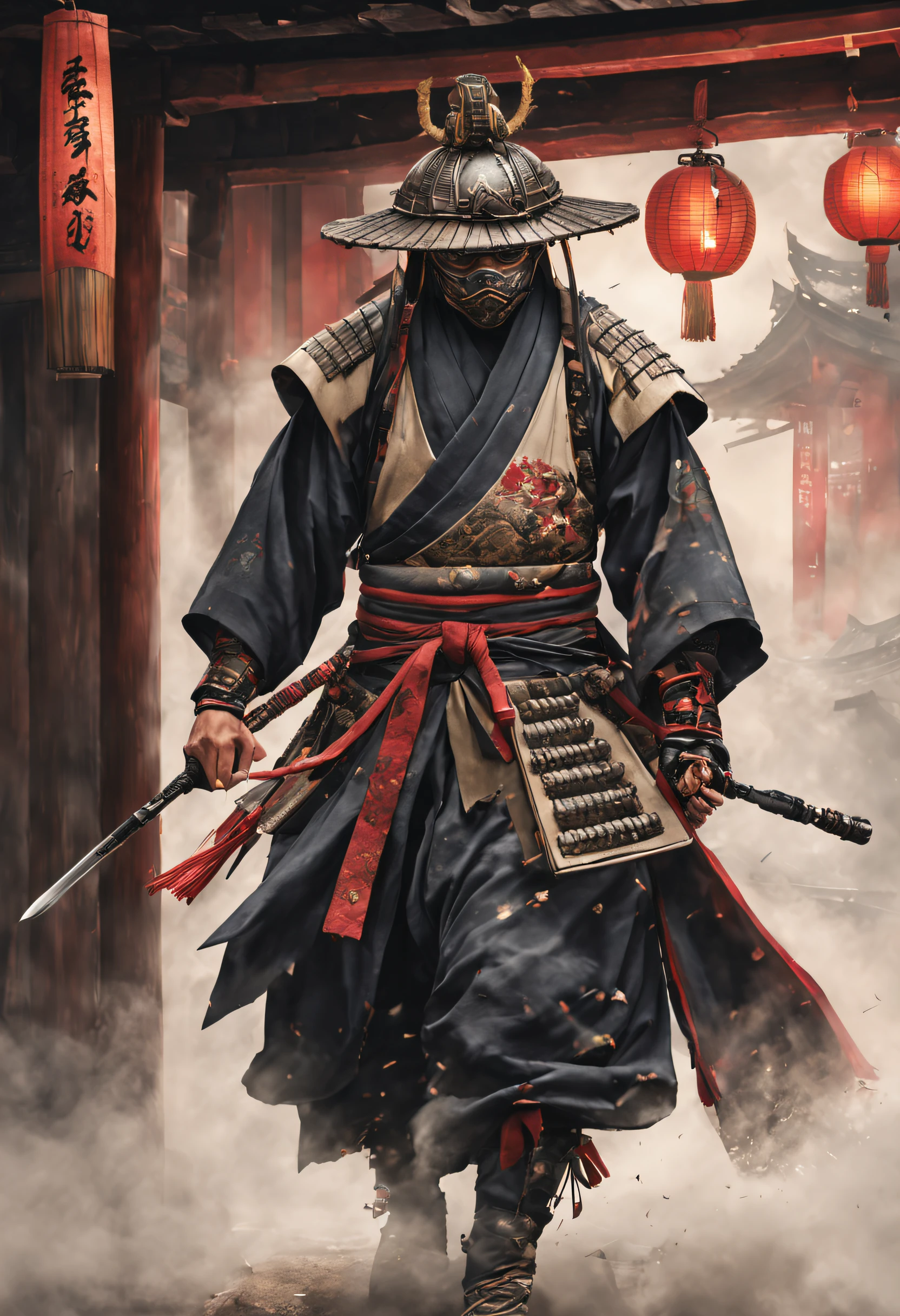 A Japanese warrior ronin with magnificent mask in portrait, the atmosphere is heavy and sad. It's very detailed and in the atmosphere of the old quarter of the time