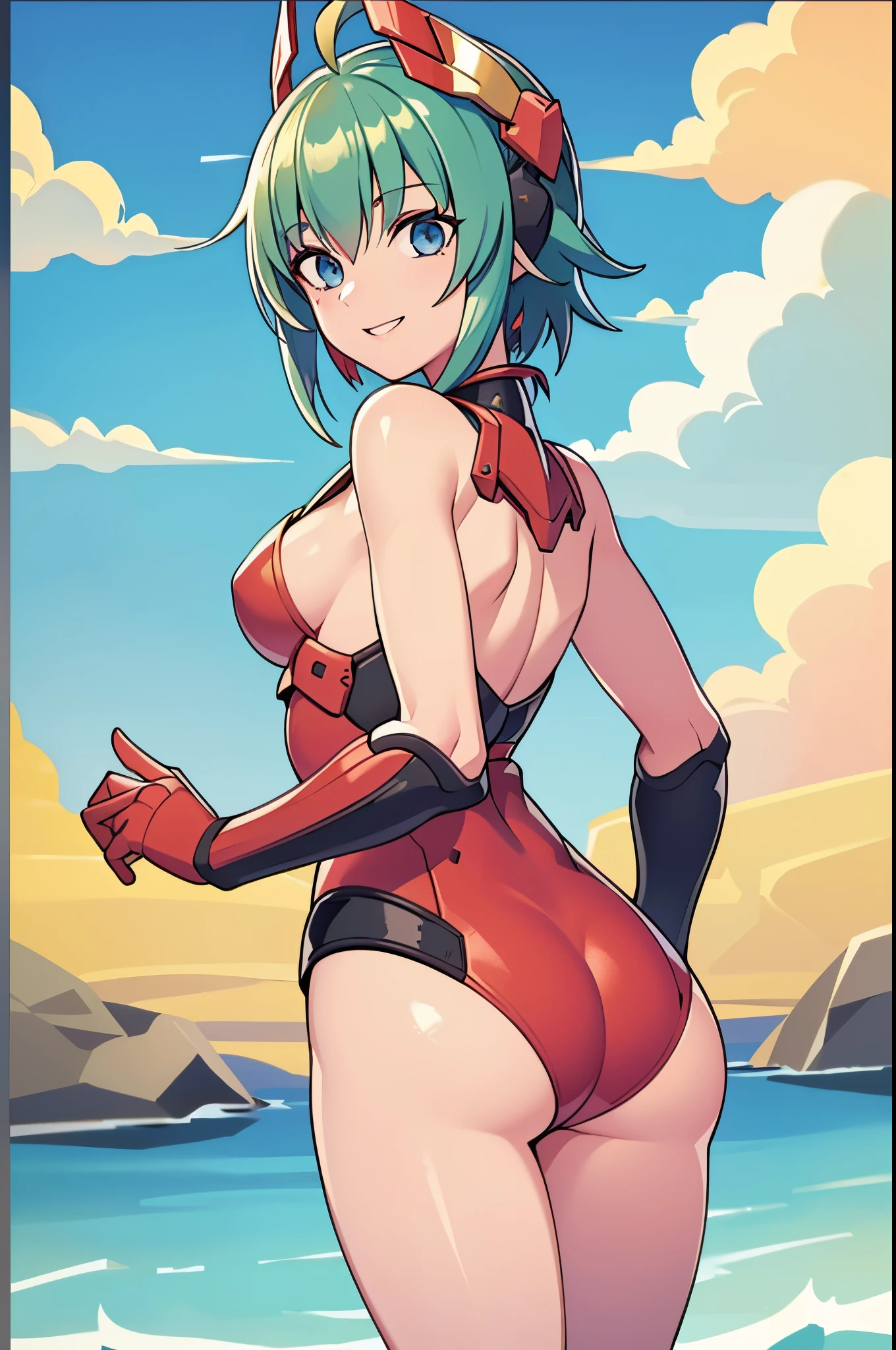 (best quality,4k,8k,highres,masterpiece:1.2),ultra-detailed,realistic,beautiful detailed eyes,beautiful detailed lips,extremely detailed eyes and face,longeyelashes, red combat suit,green hair, short hair,blue eyes,red mecha headgear,small breasts,smiling,piscina,sharp focus,vivid colors, full body in frame, at the beach, side boob, butt, all fours, from behind