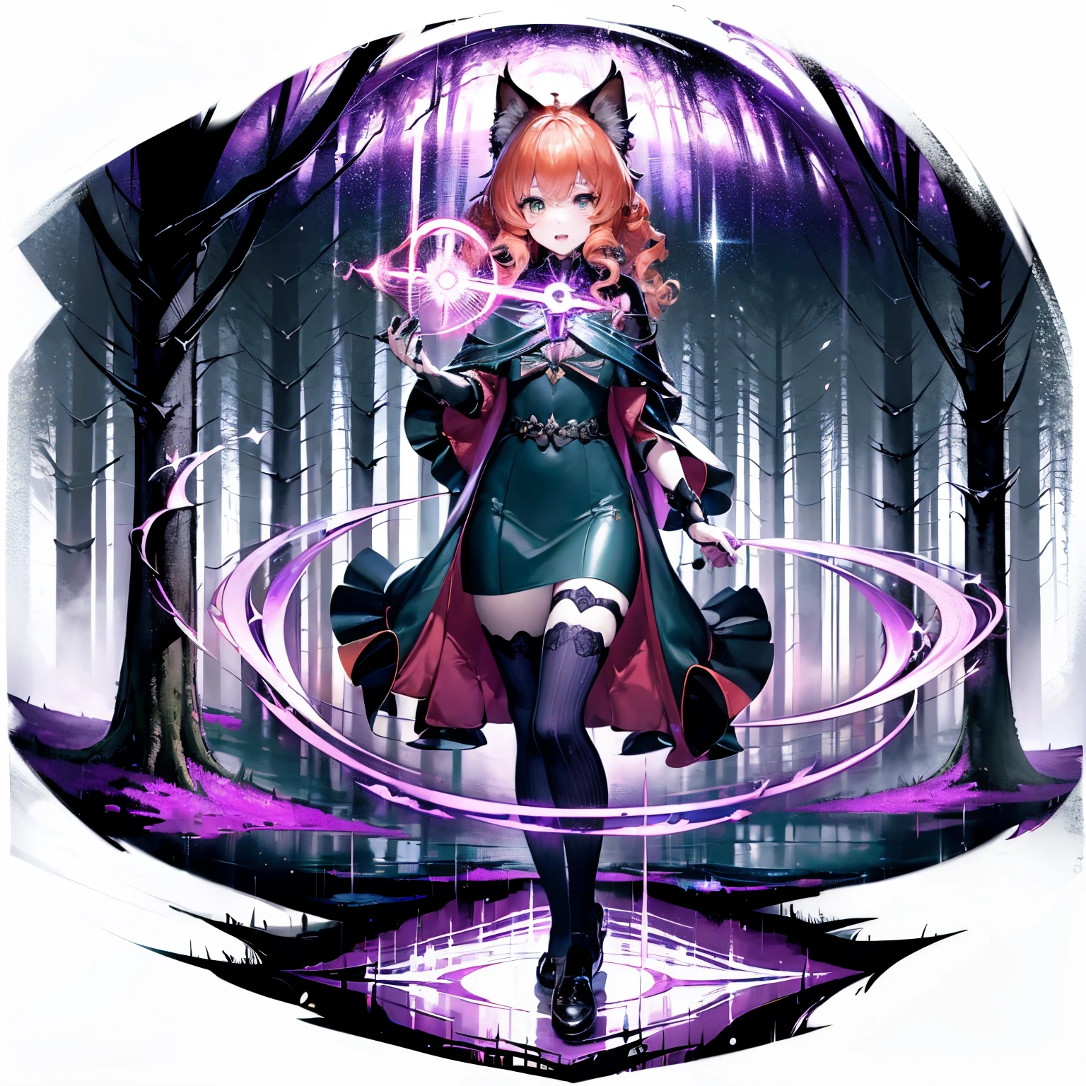 [(whitebackground:1.7), ::2], 1girl, 独奏, middle shot, full - body, (Masterpiece), Best Quality, expressive eyes, a perfect face, 1girl, 独奏, (light hair shades, Foxtail, orange soft hair, Fox Girl, young female, young lady, Fox ears, light orange hair, pale light orange hair), Green eyes, Purple hues, Purple highlights, spell book, spellcasting, Rich clothes, curly bangs, curly bangs, Curls, curly hair, Long hair, long curls, long curly hair, big eyes, dark green dress, knees, tights, Foxtail, Scared, Young face, bags under eyes, genshin shock design, genshin impact character, genshin impact style, dynamic pose, electricity, electro magician, Electro magic, purple magic, Purple glitter, light clothing, rainy daytime, Sateen, electro glitter, sparkles, Purple glitter, forest background, magic forest background, forest, magic forest, (Masterpiece:1.5), (Best Quality:1.2), (Beautiful background:1.2), Detailed background, (Sateen:1.2),