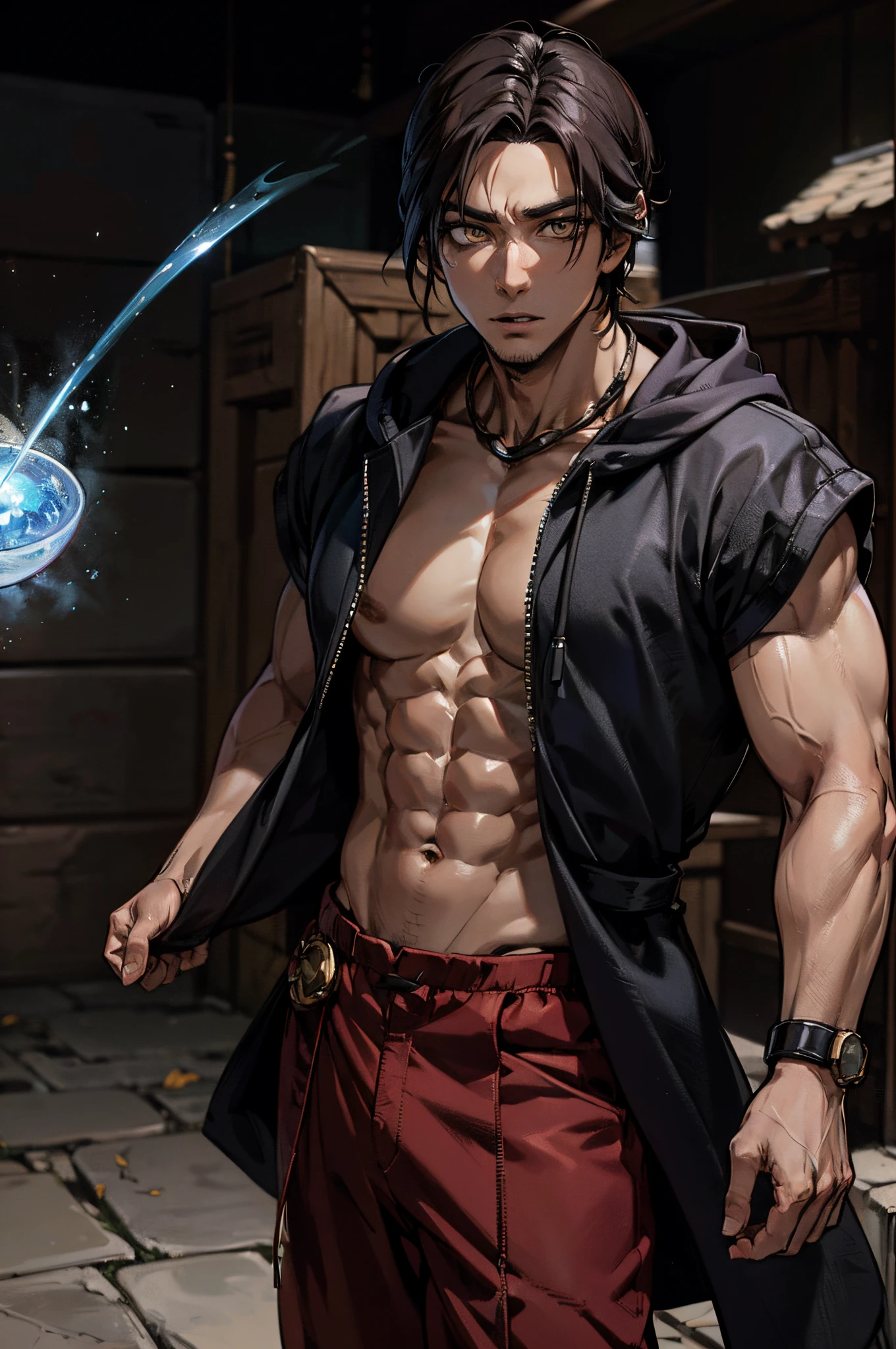Naturaleza,( A muscular Asian man, guapo, Grande ) , Un perro, dimensional clever, A mage who can travel through dimensions and is able to control space itself, isekai, Dimensional Traveler, He travels across dimensions thanks to his space teleportation abilities, Flechette Storm, Although he's classed as a Wizard, he mostly fights via throwing a whole lot of blades at his foes, Gender-Blender Name, while still fitting for a magic user, his name usually associated with female spell casters, Kung-Fu Wizard, A magic user specialized in physical attacks, Ikemen, Could be considered this to some, he has somewhat soft features but definitely not like a bishonen or a pretty boy, not to mention his summer outfit shows him to be fairly ripped too, Magic Eye, Is a heterchromic mage, his eyes are yellow or do they look like magic.