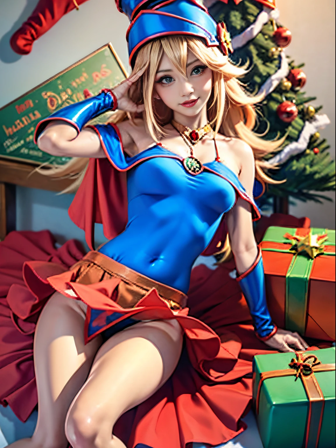 Dark magician gils con vestido rojo,((see through)), extremadamente detallado, rubio,(((Mini falda diminuta))), ((skirt lift)),(((tanga visible))),Sonriendo, ojos azules, realista, tacones rojos, (((Navidad))), escote, ((christmas tree, Regalos)), cabello rubio, navidad de Magia. Pose sejustiva y sensual.